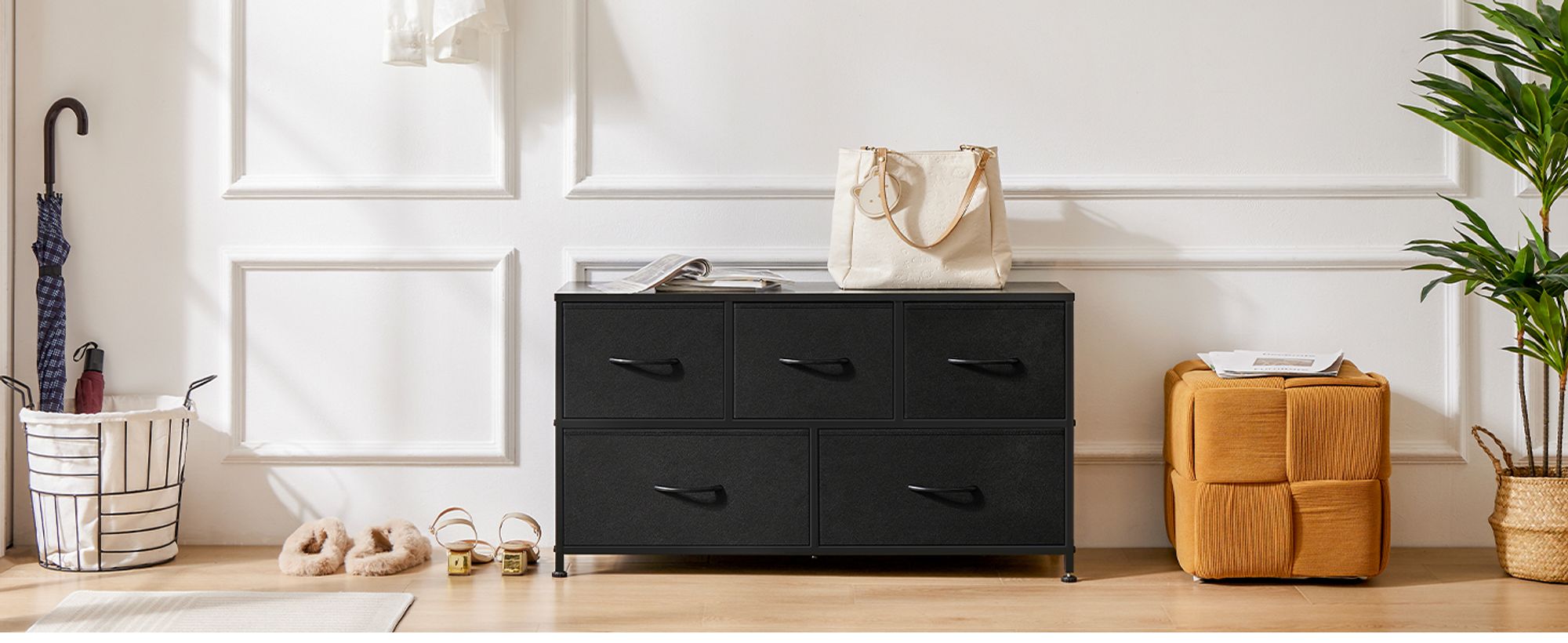 Kommode mit Stoffschubladen, Chest of Drawers mit 5 schubladenschrank, kommode schlafzimmer schubladen schrank,Stoffkommode drawer