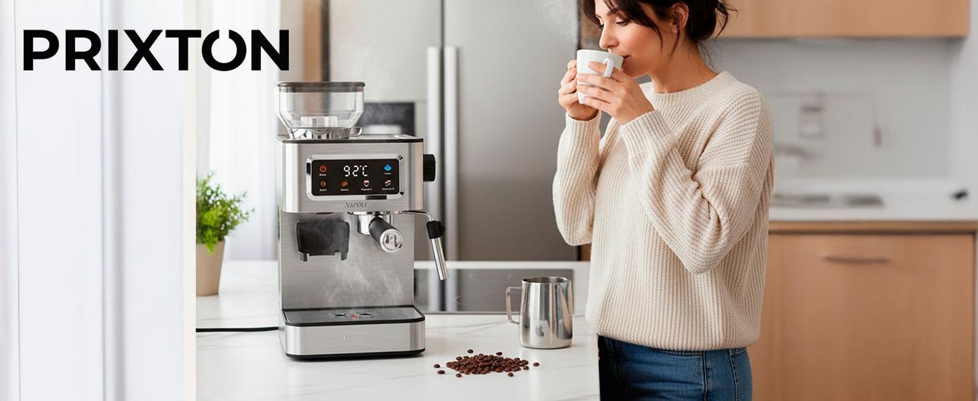 PRIXTON Espresso-Kaffeemaschine Napoli mit integriertem Mahlwerk, 22 Mahlgrade, 20 Bar, 1350W, Doppelauslauf, Dampfdüse, für Bohnen, Pulver & Kapseln