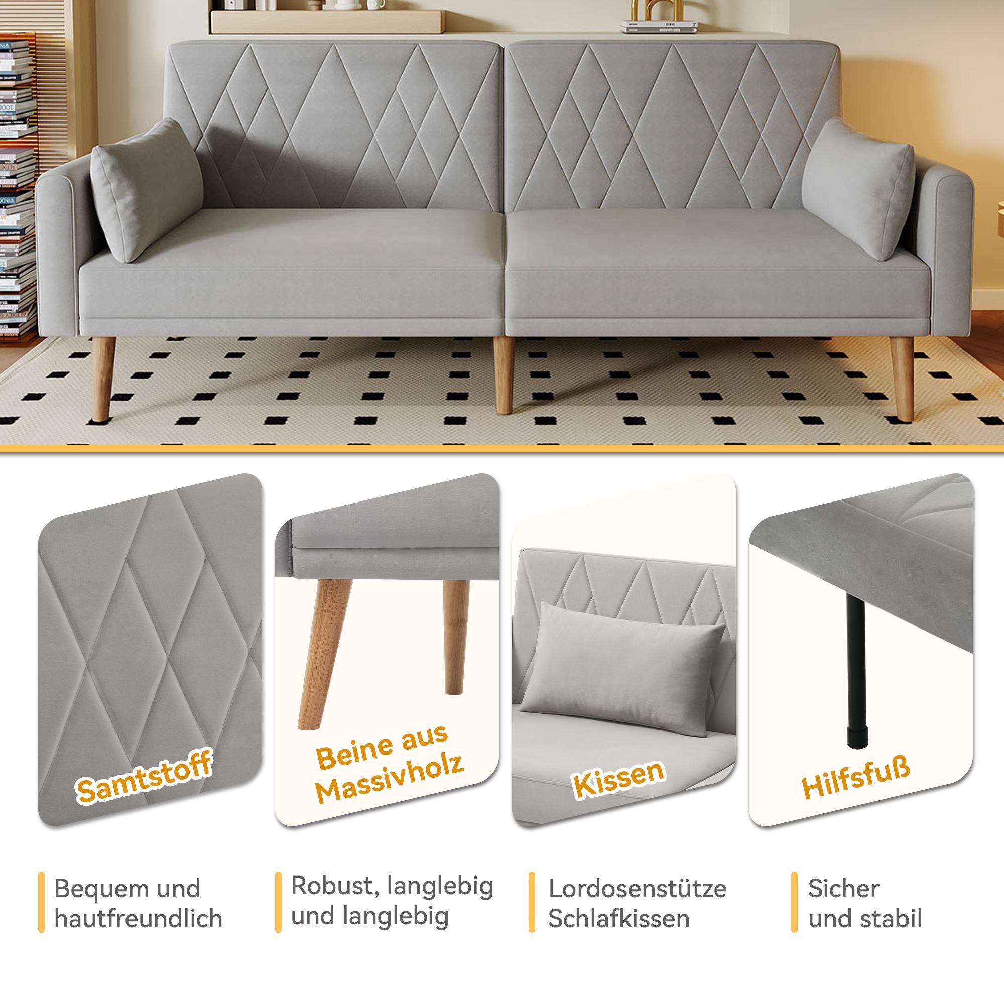 Merax Schlafsofa, Zweisitzer Sofa mit Schlaffunktion, verstellbare Rückenlehne & Armlehnen, 2 Kissen, Couch, Bettsofa, Wohnzimmersofa, Samt, Grau