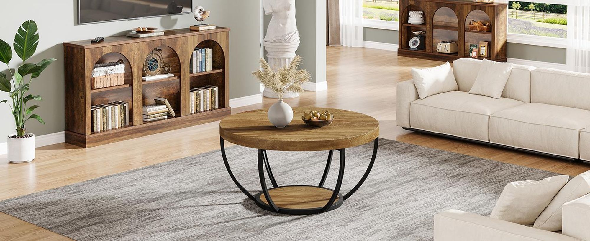 Tribesigns Runde Couchtisch, Industrial 2-Tier-Kreis Couchtisch mit Lagerung Regale, Moderne hölzerne Akzent Mitte Tisch Sofa Beistelltisch