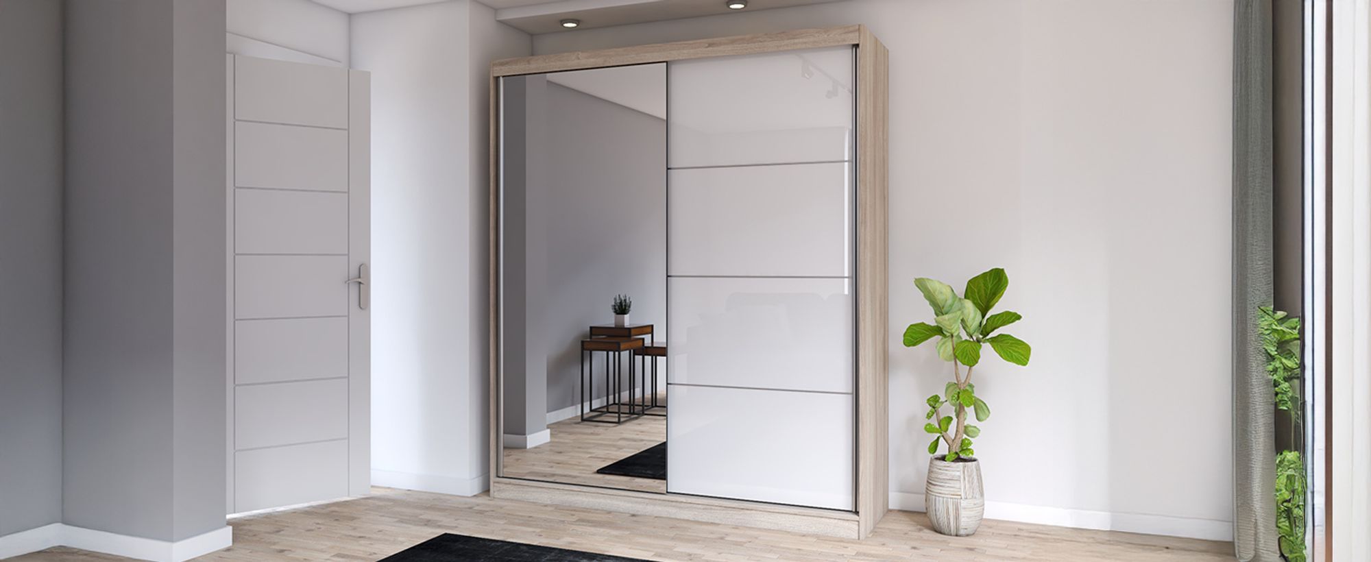 Schwebetürenschrank Kleiderschrank Schrank 233 cm Sonoma/Weiß mit Spiegel - Multi 35