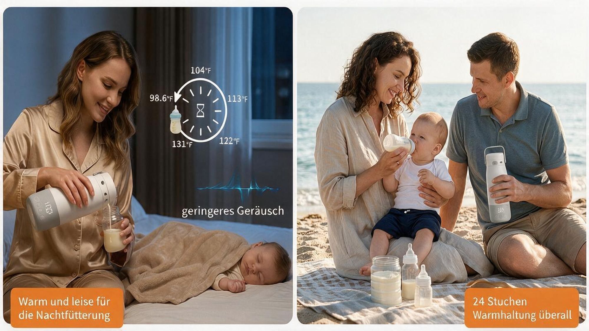 Tragbarer Babyflaschenwärmer für unterwegs, Flaschenwärmmit baby 500 ml 12800 mAh Akku, 2 Minuten bis 37°C, ±1°C LED Display, USB-C, IPX7