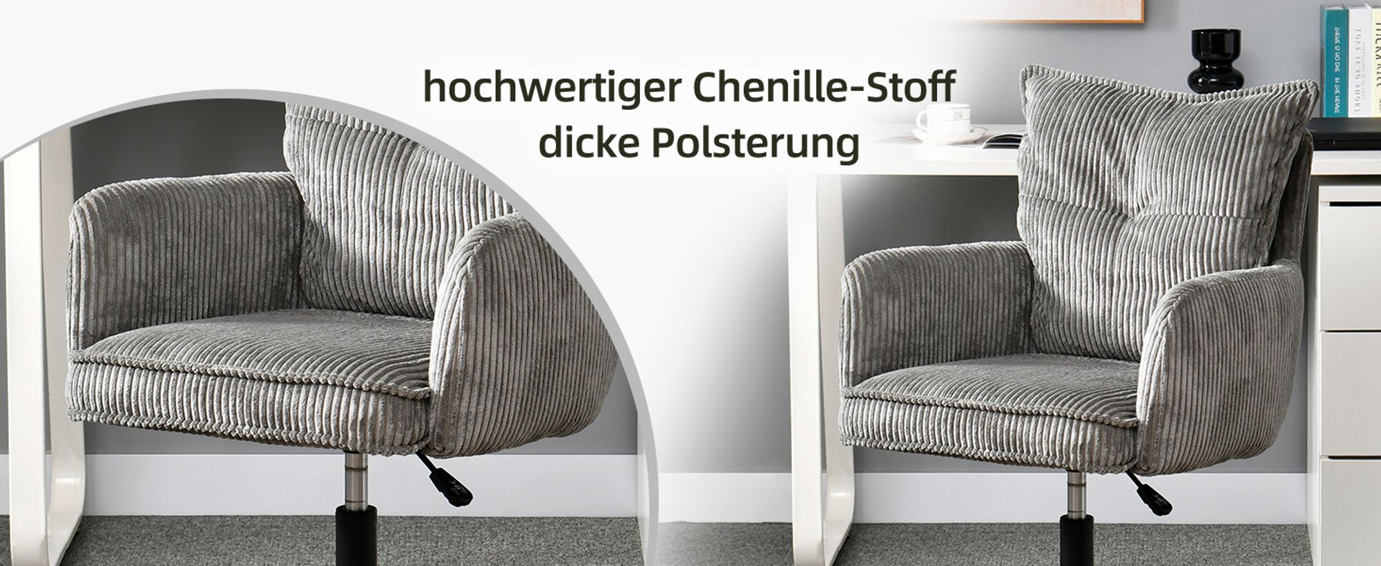 Duhome Bürostuhl Schreibtischstuhl aus Kordsamt, Drehstuhl Schminktisch Stuhl Höhenverstellbar Computerstuhl, Grau