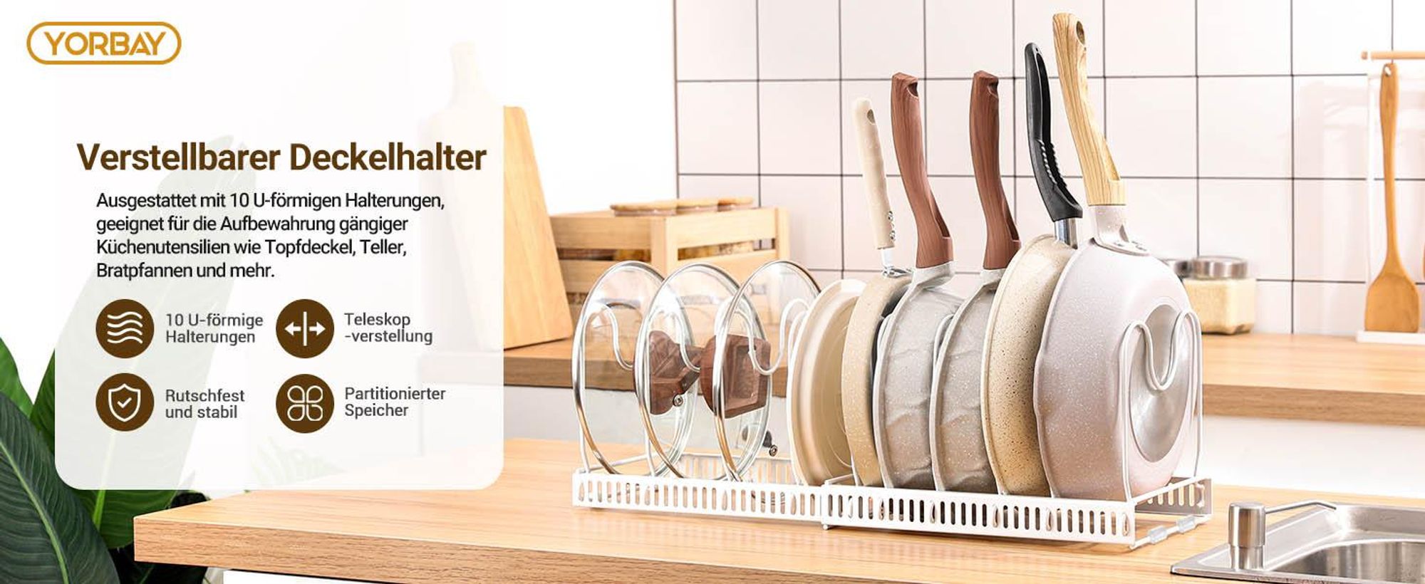 Yorbay Topfdeckelhalter ,Erweiterbarer Deckelhalter Topfdeckelhalter mit 10 Verstellbare Fächer , Küche Topf Pfannen Organizer Topfdeckel Aufbewahrung