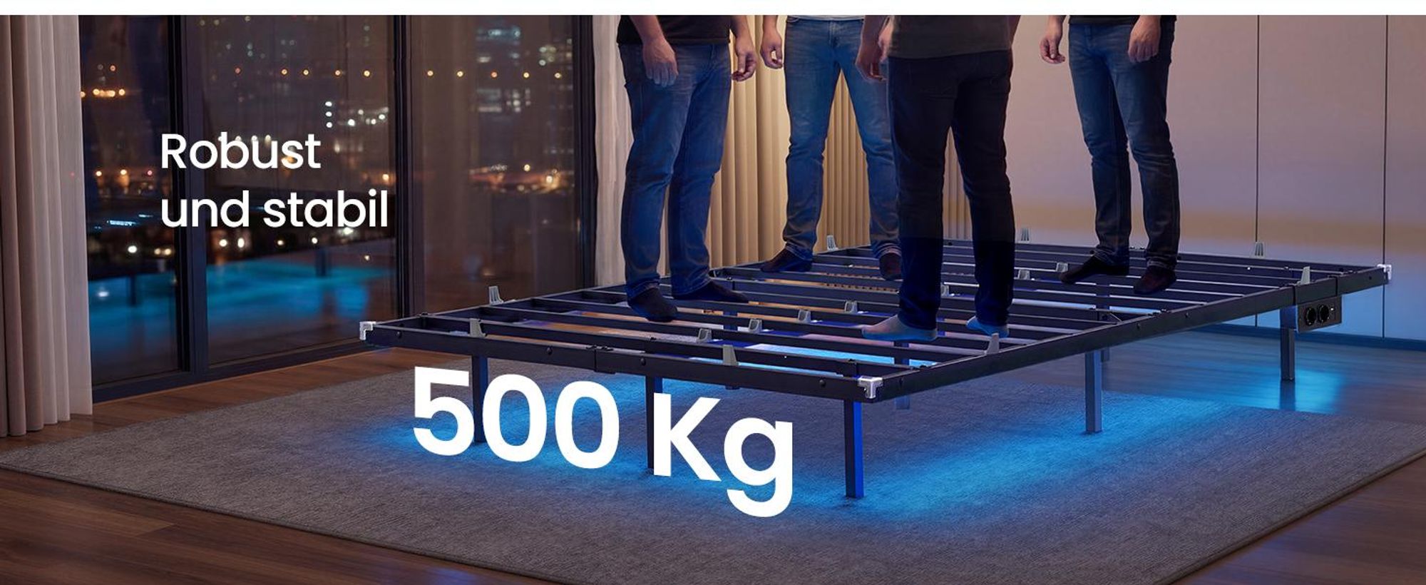 VASAGLE Bettgestell 140 x 200 cm mit LED-Beleuchtung, USB-C-Anschluss, Steckdosenleiste, Schlafzimmer, trägt bis 500 kg, schwarz
