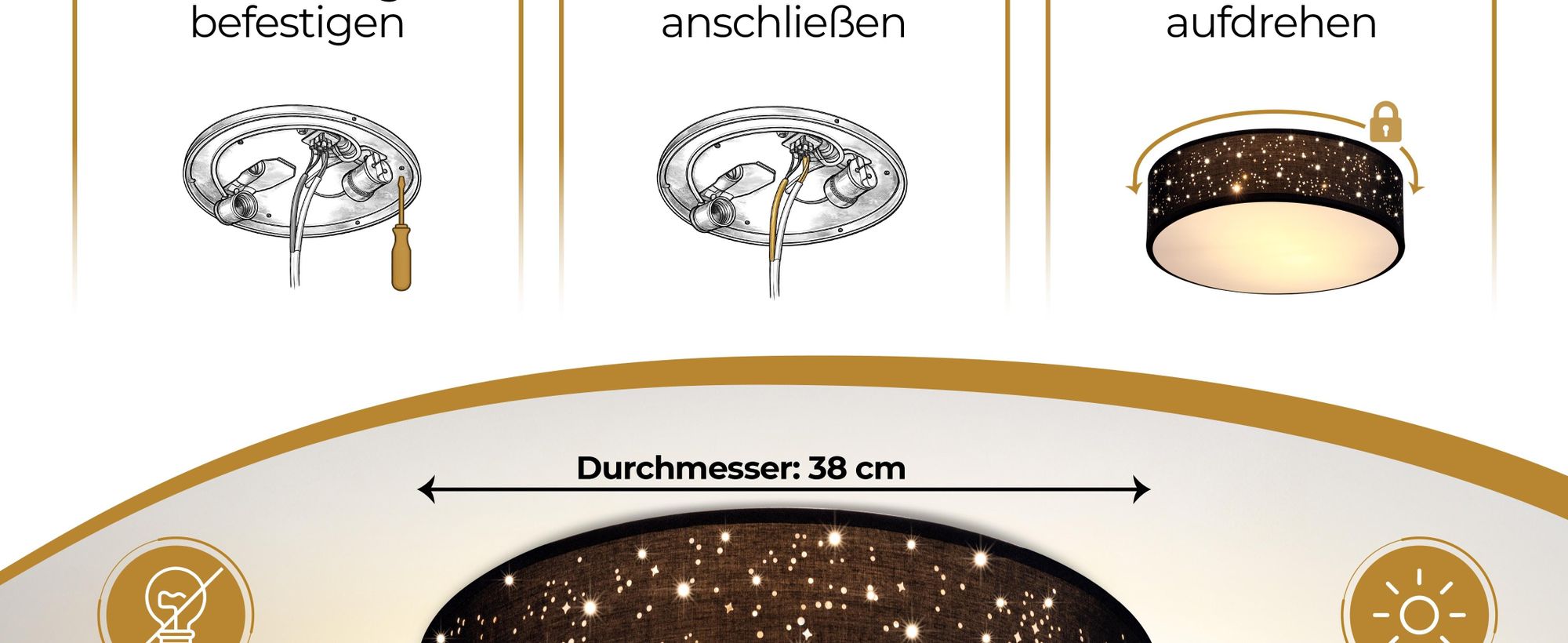 MONZANA® Deckenlampe Sternenhimmel Wohnzimmer Schlafzimmer E27 Schwarz Rund 38cm Stoffschirm 2-Flammig 40W Küche Lampe Deckenleuchte Stoffdeckenlampe