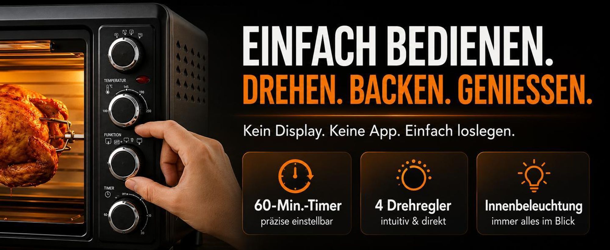 Sommertal Minibackofen 45L mit Drehspieß & Umluft, 2000W, Hähnchengrill, Backen, Grillen & Pizza, Mini Backofen 45 Liter, 60 Min Timer, inkl. Zubehör