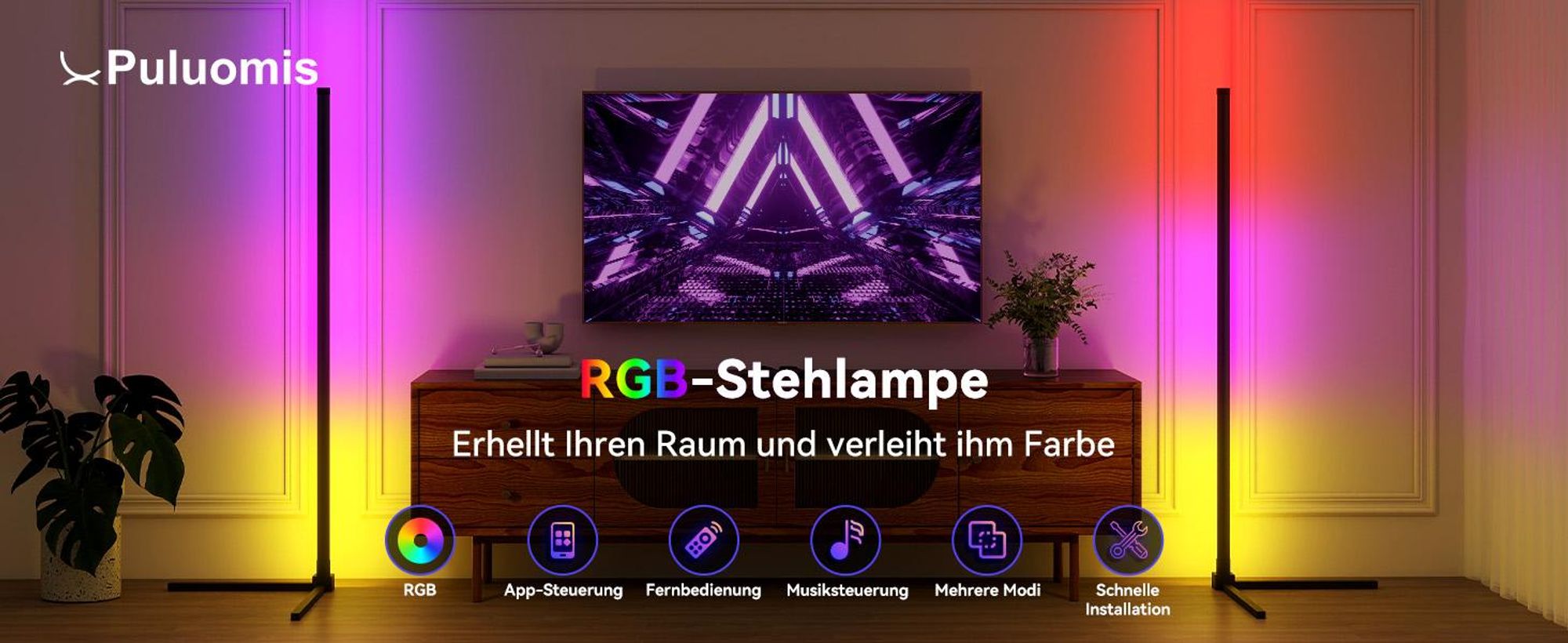 Puluomis LED Stehlampe Stehleuchte RGB Dimmbar mit Musik-Synchronisation, Timer, Atmosphäre Lampe Eck Standleuchte Standlampe APP/Fernbedienung/Kabel