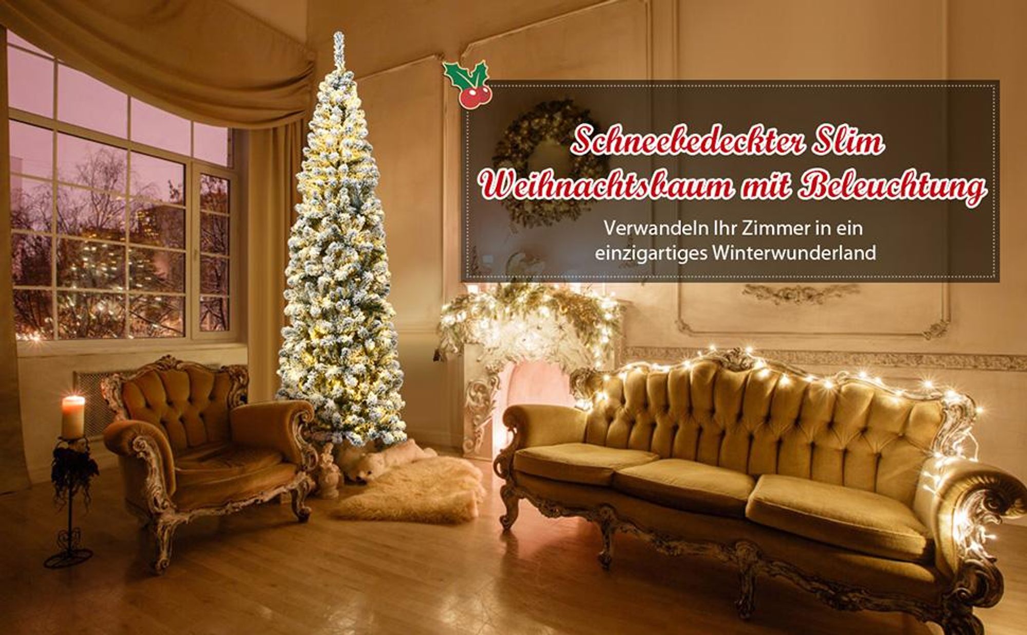 COSTWAY Bleistift Weihnachtsbaum 180cm, künstlicher Tannenbaum 500 PVC Nadeln mit Schnee, Christbaum Kunstbaum mit 250 warmweißen LEDs & Metallständer