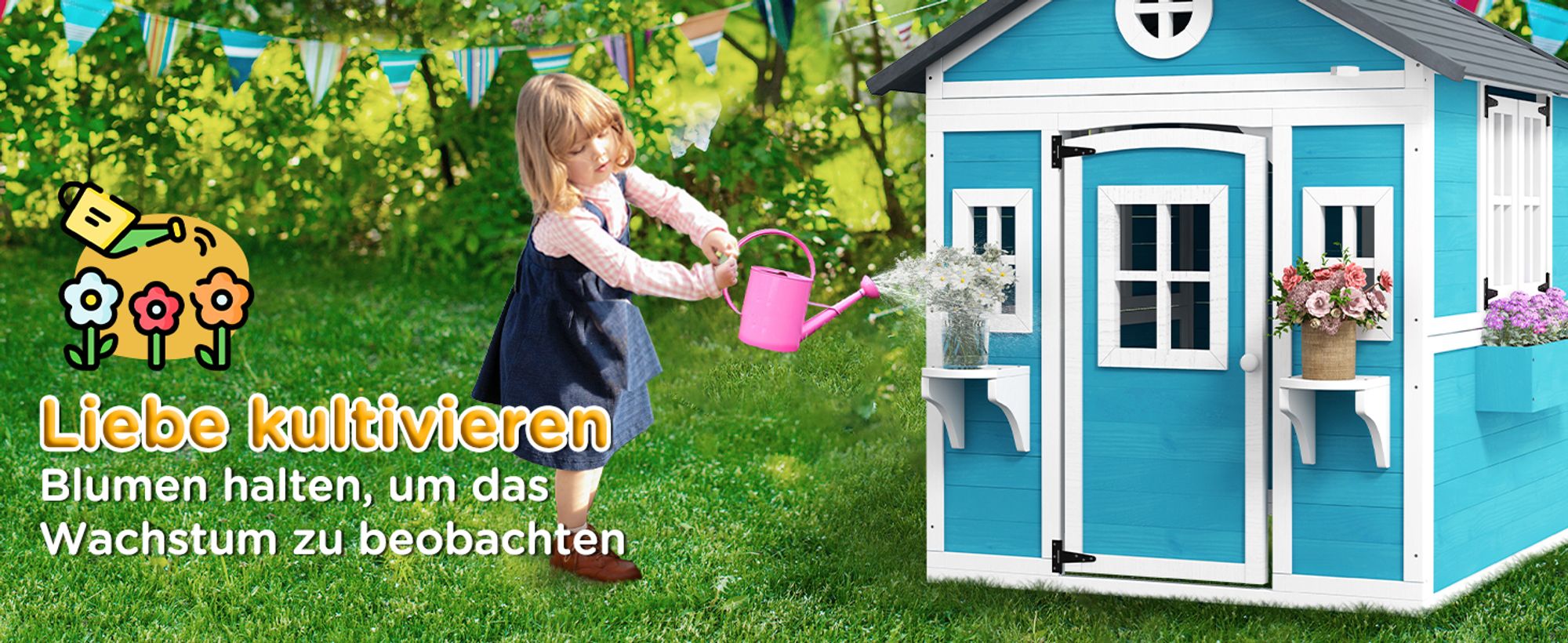 Outsunny Kinderspielhaus aus Holz mit Fenster Blumenregal Pflanzenkasten und Tür