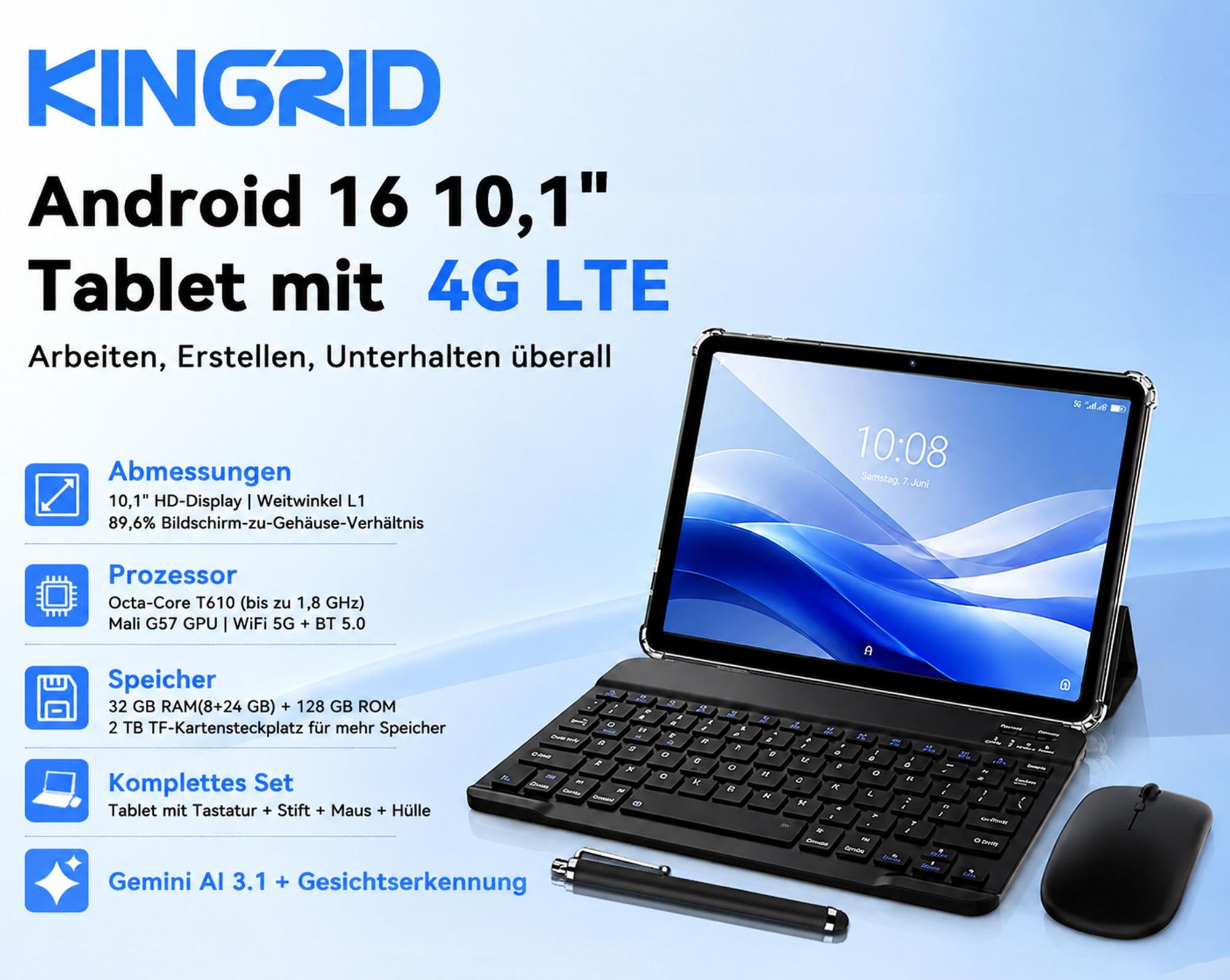 W80 10.1" 120Hz Tablet, 32+128GB/2TB, Android 16, 4G SIM+5G WIFI, Gemini AI 4.0, Widevine L1, 6000mAh, OTG, mit Tastatur/Maus/Stift/Schutzhülle Set