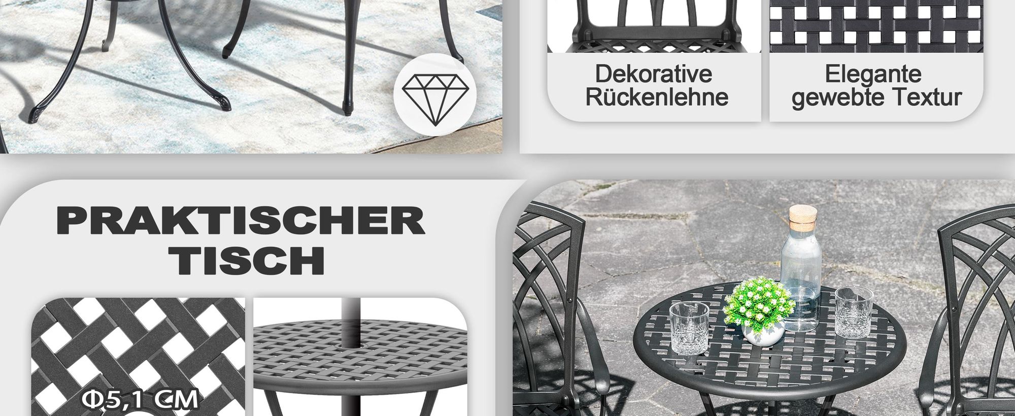 Avestar 3-teiliges Bistroset aus Aluminiumguss, Gartenmöbel Set, runder Bistrotisch  mit 2 Bistrostühlen, Schwarz