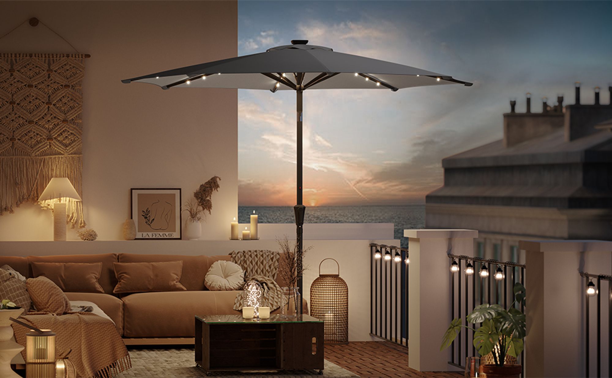 SONGMICS Sonnenschirm Ø 300 cm mit 32 LED-Lämpchen UV-Schutz