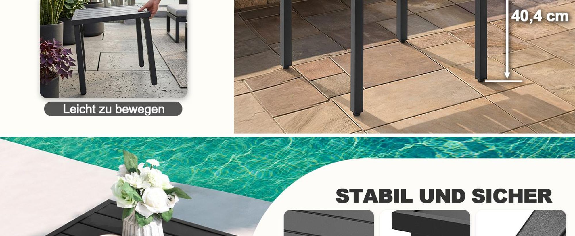 Avestar Beistelltisch 44x44x41 cm, Gartentisch mit Lattenrost und verstellbaren Füßen, pulverbeschichteter Metall, wetterfester Couchtisch, Schwarz