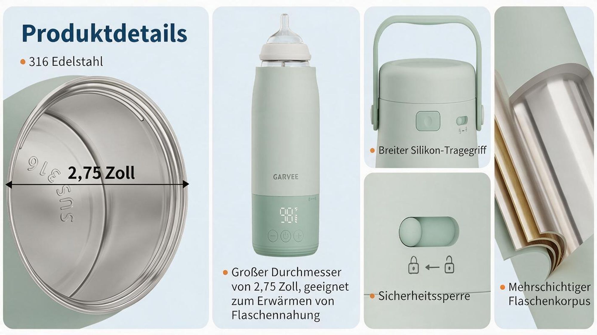 Tragbarer Babyflaschenwärmer für unterwegs, Flaschenwärmmit baby 500 ml 12800 mAh Akku, 2 Minuten bis 37°C, ±1°C LED Display, USB-C, IPX7