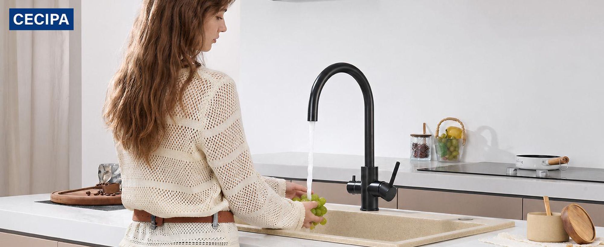 3 in 1 Filterwasserhahn Küche mit Filteranschluss, 360° Drehbar 3 Wege Küchenarmatur Schwarz, Edelstahl Spültischarmatur, Cecipa MAX Trinkwasserhahn