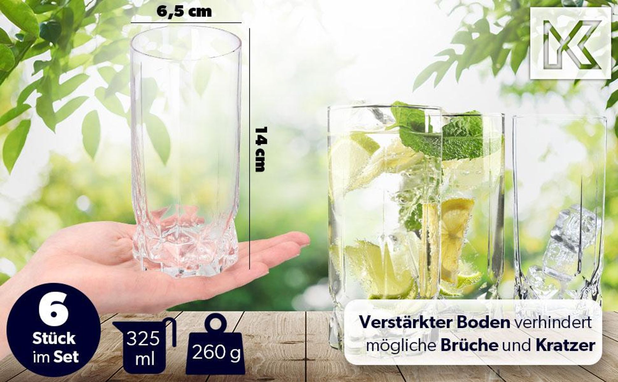 KADAX Trinkgläser, 6er Set, Wassergläser, Saftgläser aus Glas, Gläser für Wasser, Drink, Saft, Party, Garten, Universalgläser, Cocktailgläser, Getränkegläser, modernes Design (325ml, Hoch)