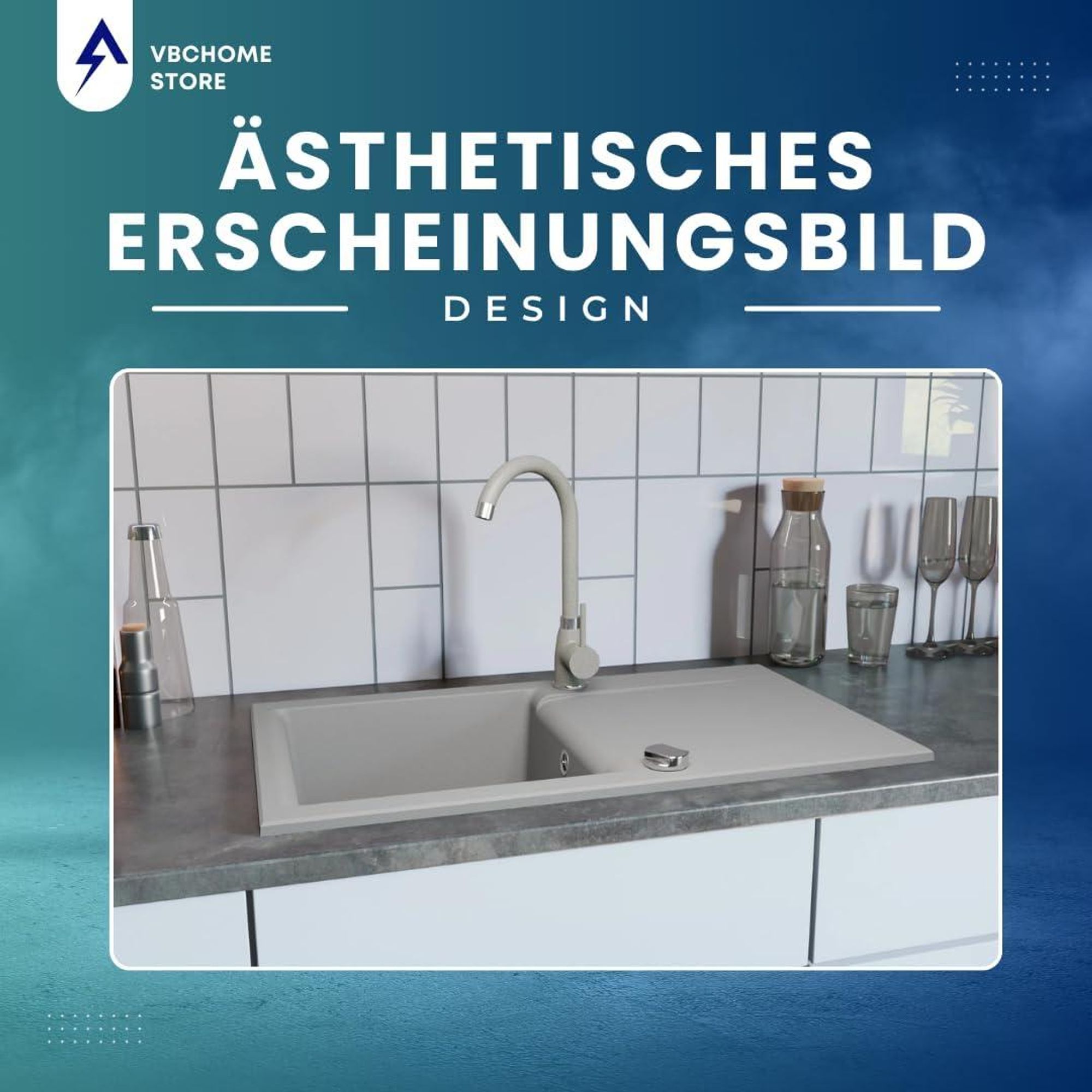 VBChome Granitspüle 76 x 44 cm Grau mit Armatur Einzelbecken Einbauspüle Reversibel Gesprenkelt Pflegeleichtes Spülbecken mit Siphon