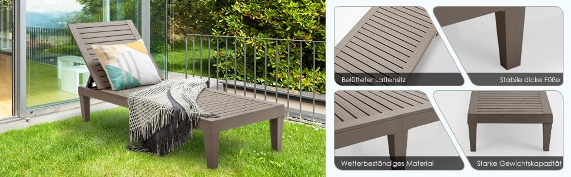 COSTWAY Sonnenliege wetterfest Gartenliege 180kg belastbar Liegestuhl 5 verstellbare Rückenlehne Terrassenliege für Outdoor Garten Terrasse Braun