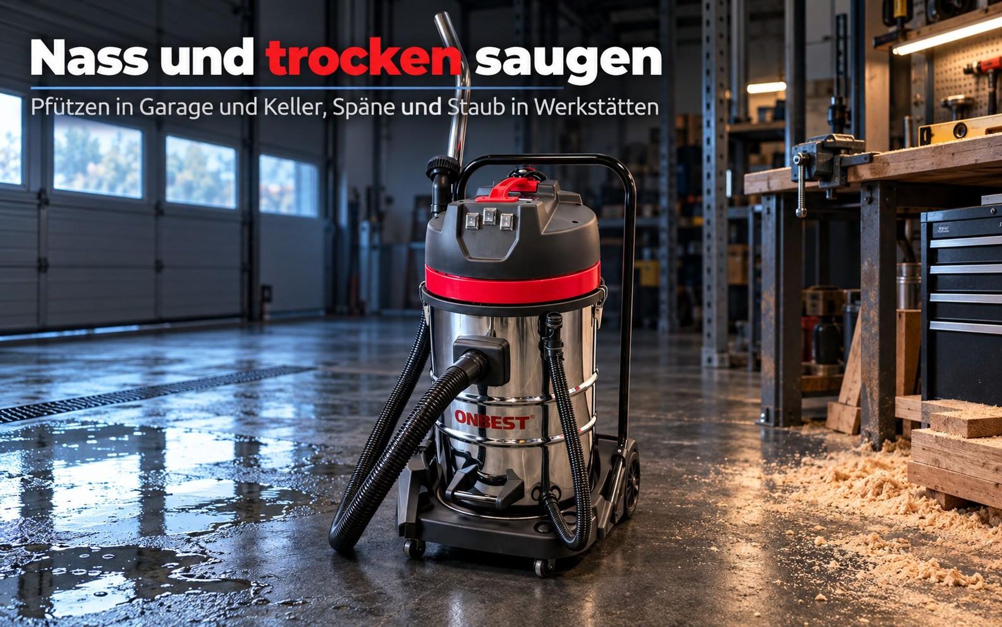 Nass-Trockensauger für Pfützen in Garage und Keller sowie Späne in der Werkstatt