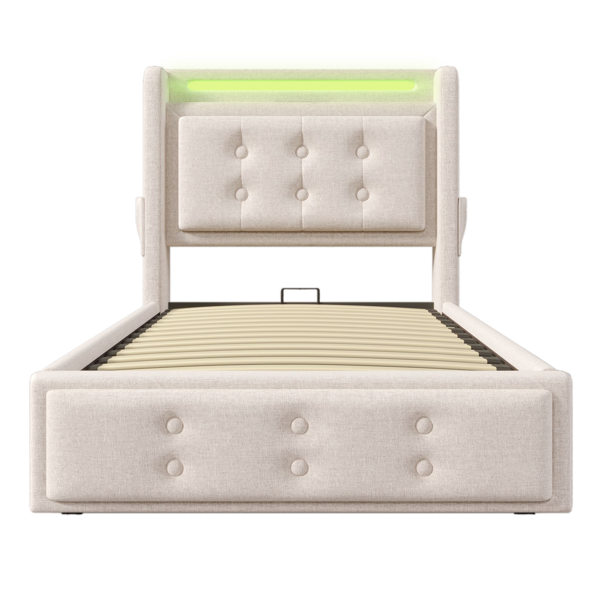 Flieks Polsterbett 90x200cm mit Ladefunktion, Einzelbett Jugendbett mit LED, Hydraulisches Stauraumbett Boxspringbett mit Lattenrost, Baumwolle, Beige