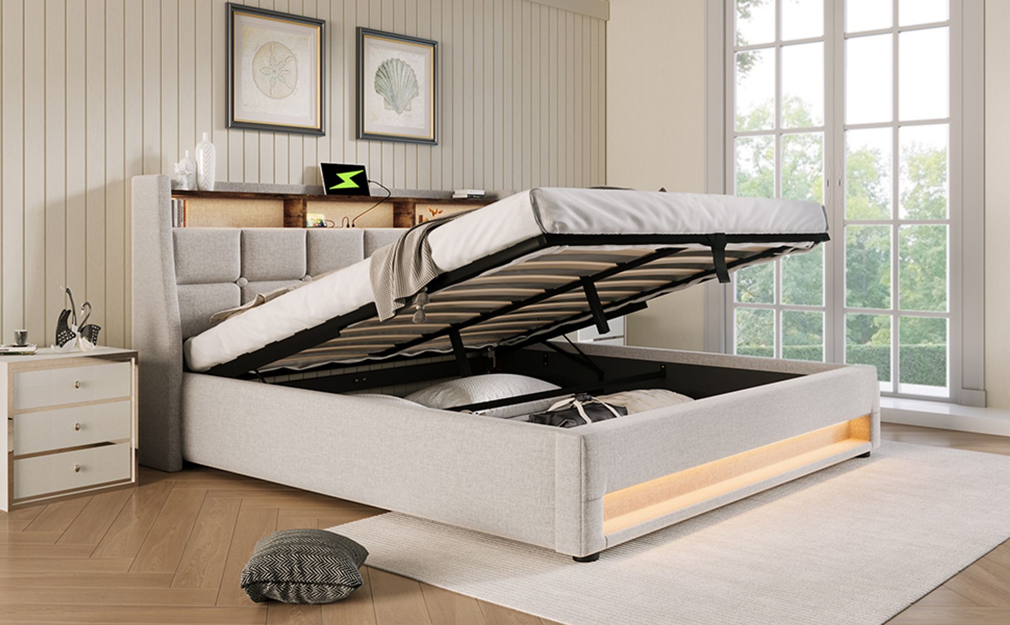 okwish Boxspringbett 160x200, USB Polsterbett, LED Doppelbett mit Bettkasten und Matratze, Stauraum und Metallrahmen Lattenrost, Leinenmaterial Bettgestell Jugendbett (mit Matratze) Beige
