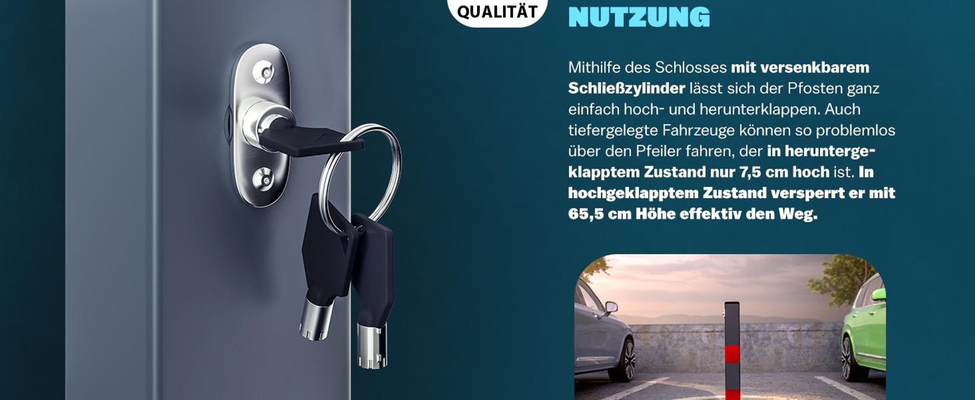 DEUBA® 4x Parkpfosten Parkplatzsperre 3 Schlüssel Sperrpfosten klappbar Stahl Robust Standfuß Stabil Park Poller Set