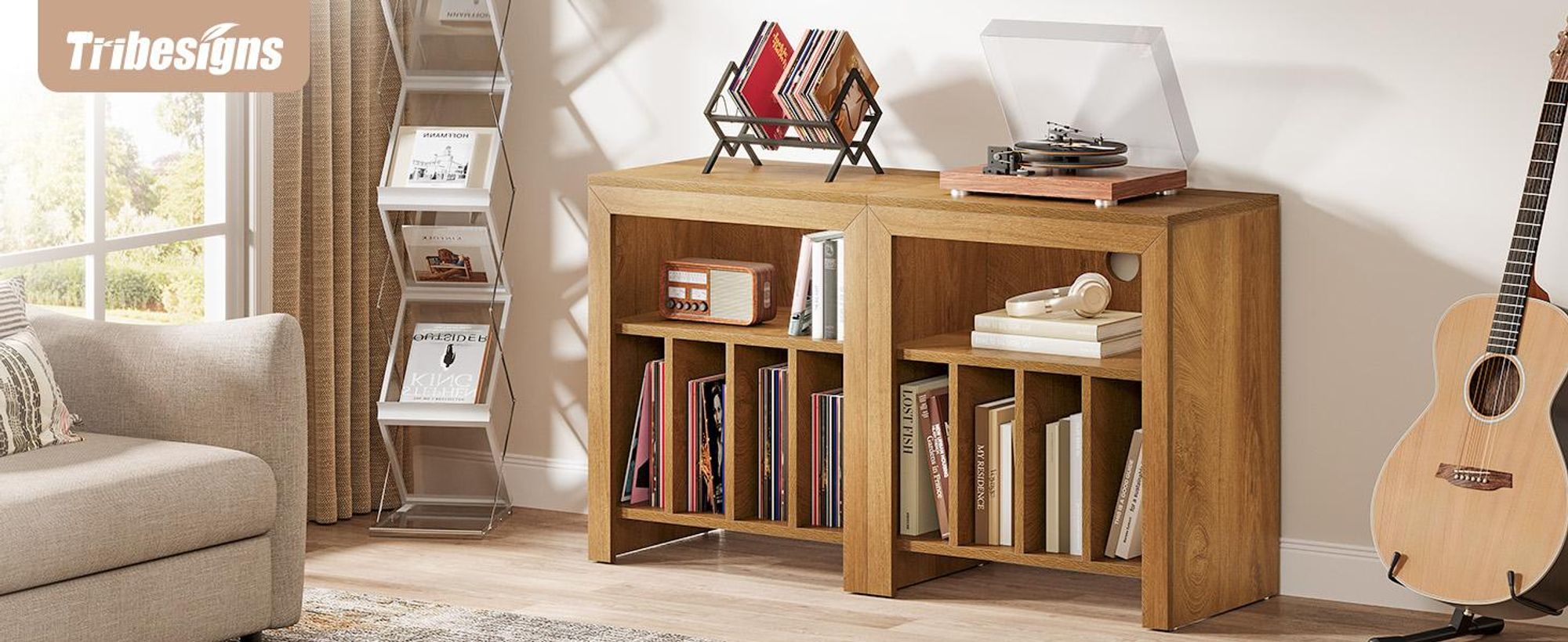 Beistelltisch, 60 cm Nachttisch für Schallplatten, 2-stöckiger Plattenspieler-Ständer