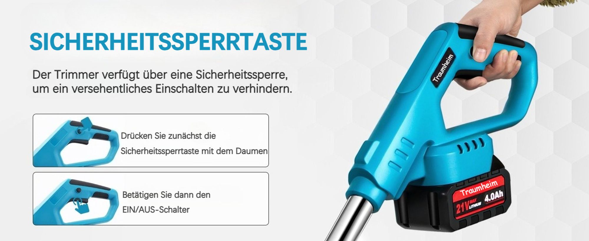 Akku Rasentrimmer 750W mit 2× 4000mAh Akkus 21V, 4 in 1 Bürstenloser Motor Rasentrimmer mit Unkrautbürste, Freischneider mit Messer und Ladegerät