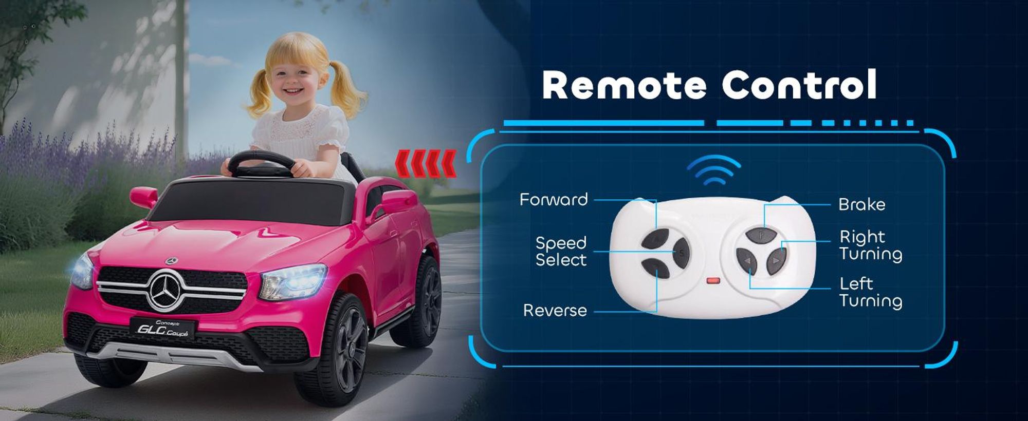 Samochód elektryczny dla dzieci AIYAPLAY 12 V Mercedes-Benz Concept GLC Coupe z pilotem, 2 silnikami, 3 prędkościami, pojazdem dziecięcym z miękkim startem, MP3, USB, diodą LED, klaksonem, dla dzieci w wieku 3-6 lat, różowy
