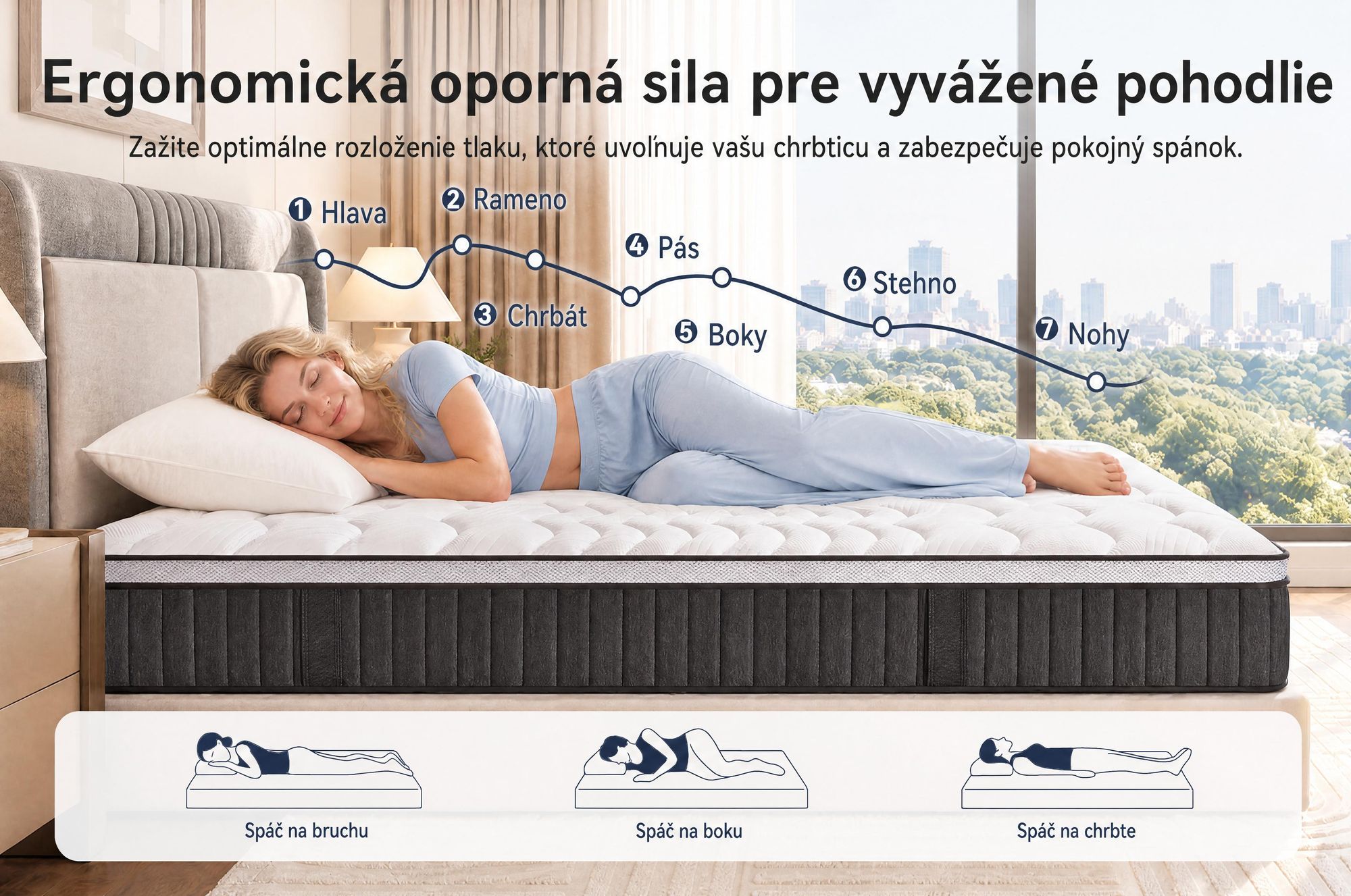 Matrac rozmery 180x200 cm, výška 22 cm. Integrovaná vrchná vrstva. Matrac s 7 zónami a pružinami v poťahu. Pevnosť H3/H4