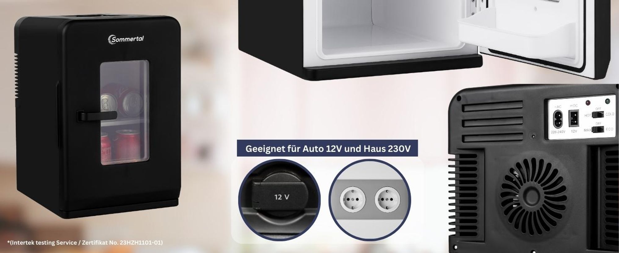 Sommertal KS15 Mini Kühlschrank, zum kühlen und heizen, Volumen 15L, AC für Haus Steckdose und DC für Auto 12V Betrieb, Bierkühlschrank lautlos Getränkekühlschrank klein