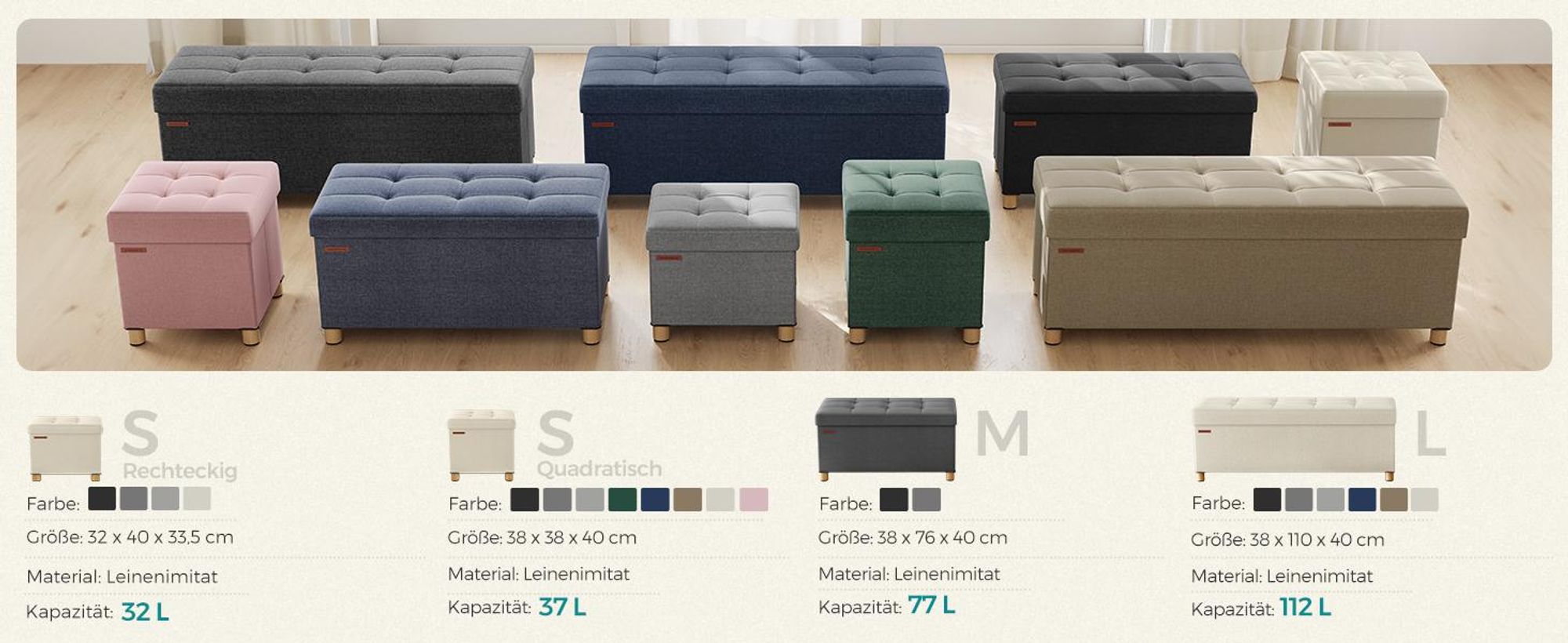 SONGMICS Sitzhocker, 37L, klappbare Sitztruhe, Aufbewahrungsbox, Cremeweiß