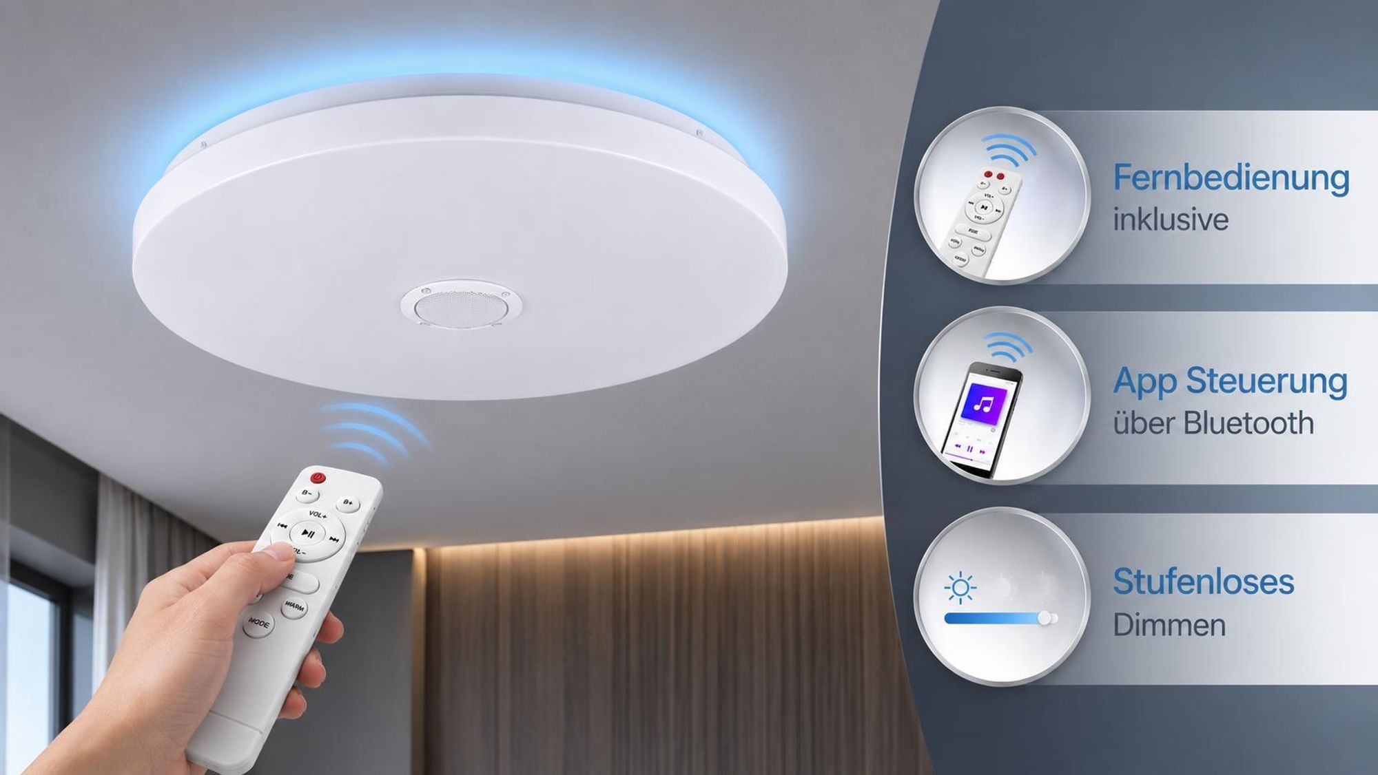 MasterLED Deckenlampe Ø50cm Aufputz 72W RGB Dimmbar, CCT 3000K-6500K, Musik Speaker für Wohnzimmer