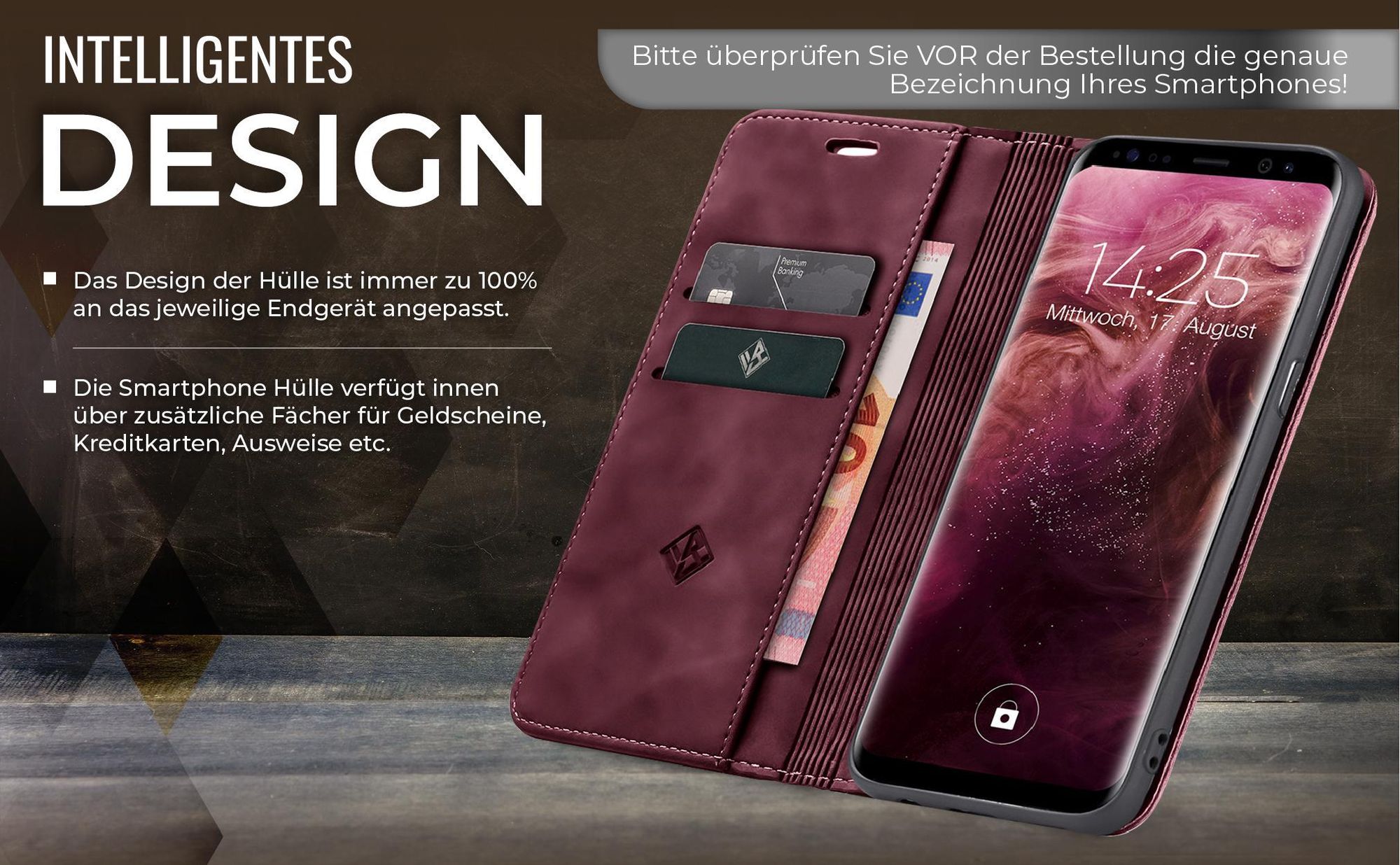 Edle Schutzhülle in Weinrot für Samsung Galaxy S8 mit Kartenfächern und Geldfach