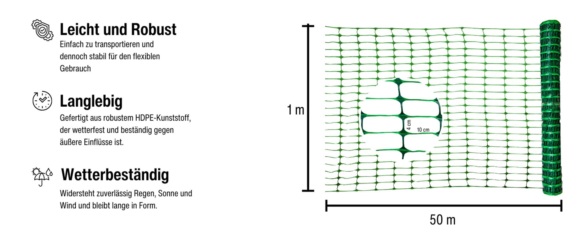 horizont Kunststoffzaun 50 m x 1 m - grün  – Absperrzaun aus HDPE, flexibel für Garten, Camping und Baustellen