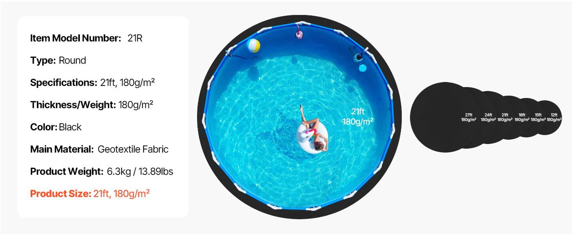 VEVOR Ovaler Poolliner-Pad, 15 x 30 ft Poolliner-Pad für Aufstellpools, extra dicker Poolmatte, verhindert Durchstiche, recyceltes Geotextil-Material Unterlage-Pad, verlängert die Lebensdauer des Liners, Rund 21 ft
