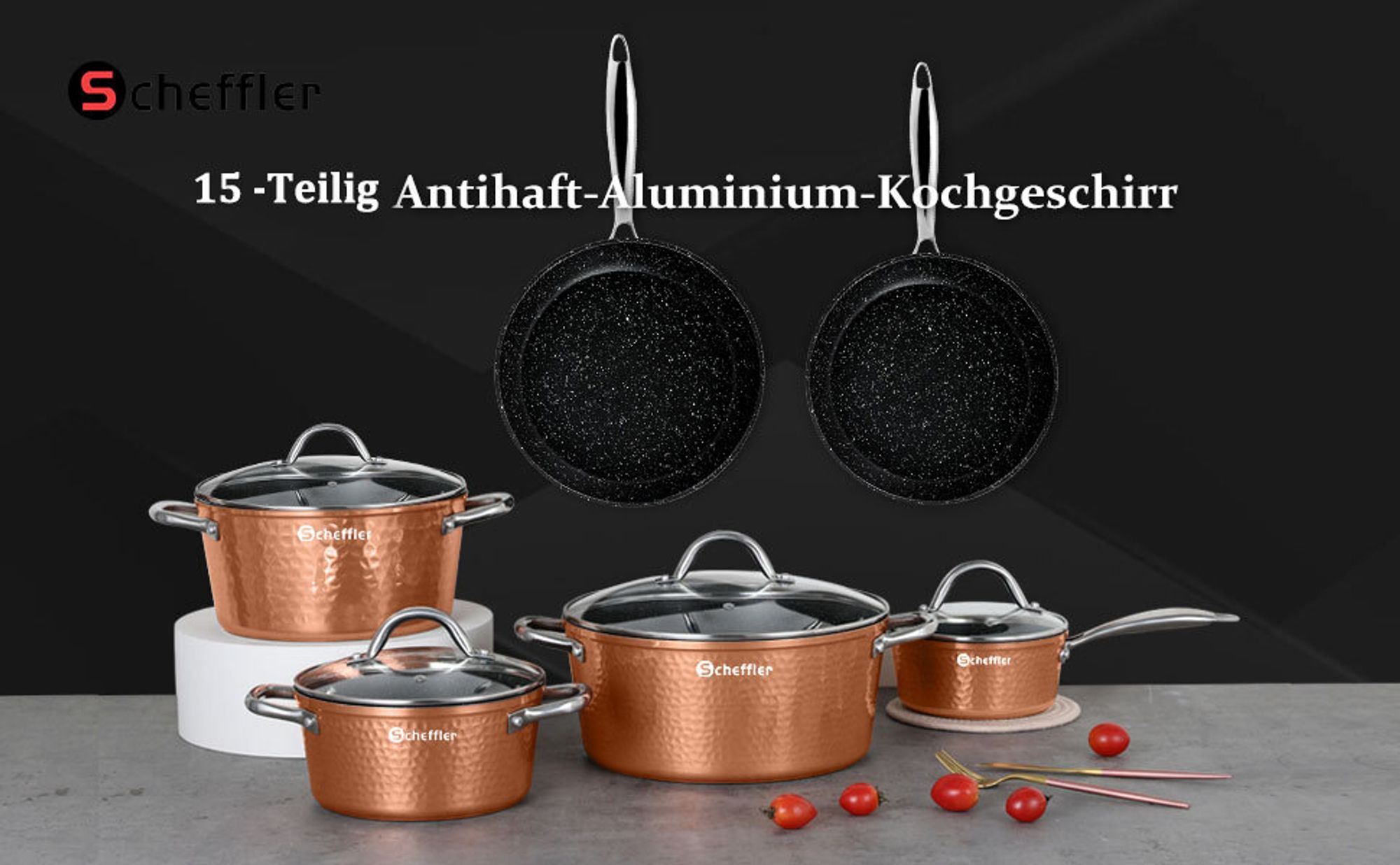 Topfset, Scheffler Topfset Induktion 15-teilig, Töpfe mit Glasdeckel, Kochtopf-Set chopper