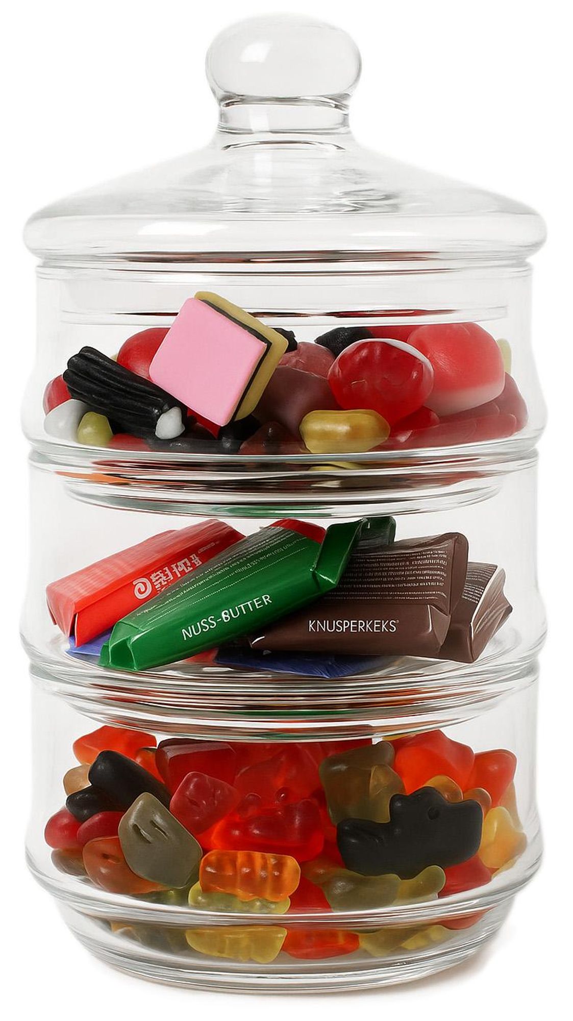 Bonboniere Glas mit Deckel – Vorratsglas 3-stöckig stapelbar – Glasbehälter für Süßigkeiten, Kekse, Pralinen, Snacks – Aufbewahrungsglas Küche & Deko