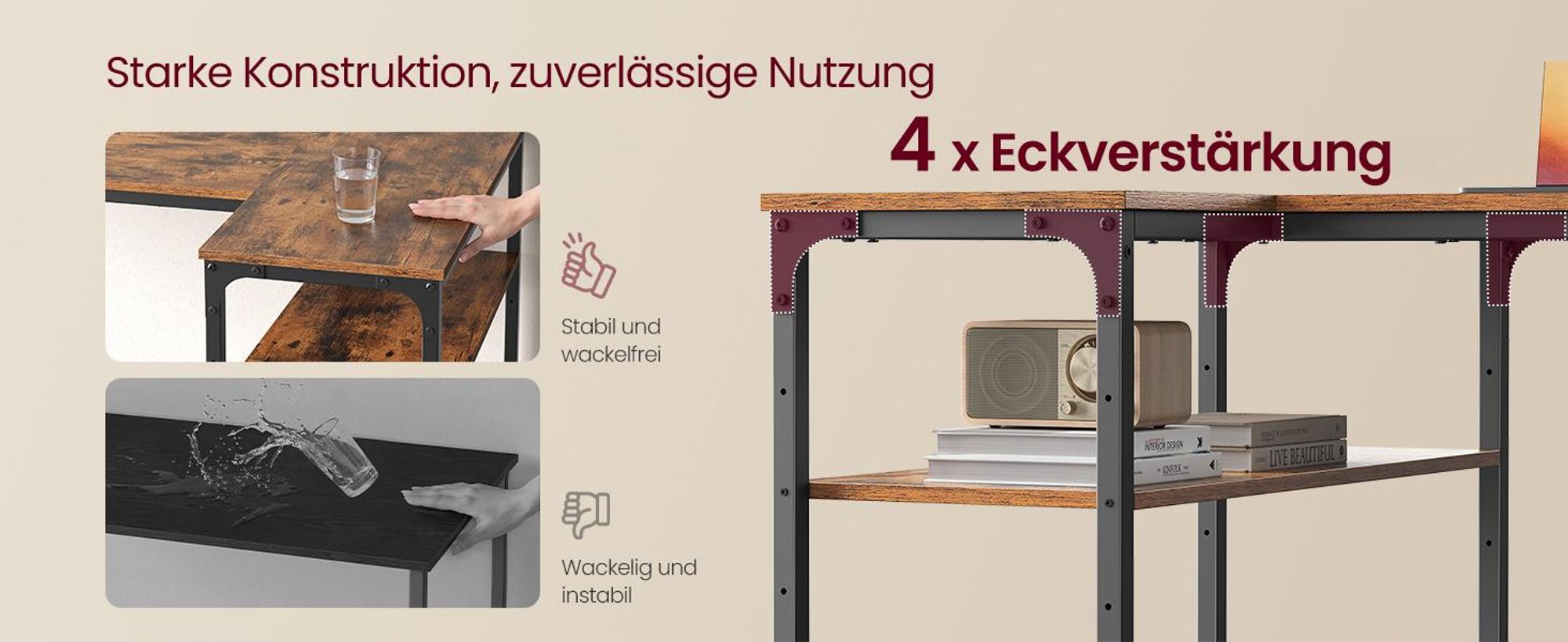 VASAGLE Schreibtisch mit Stauraum, L-Form Computertisch, höhenverstellbare Ablage, Büro, mit Ladestation, 120 x 80 cm, braun