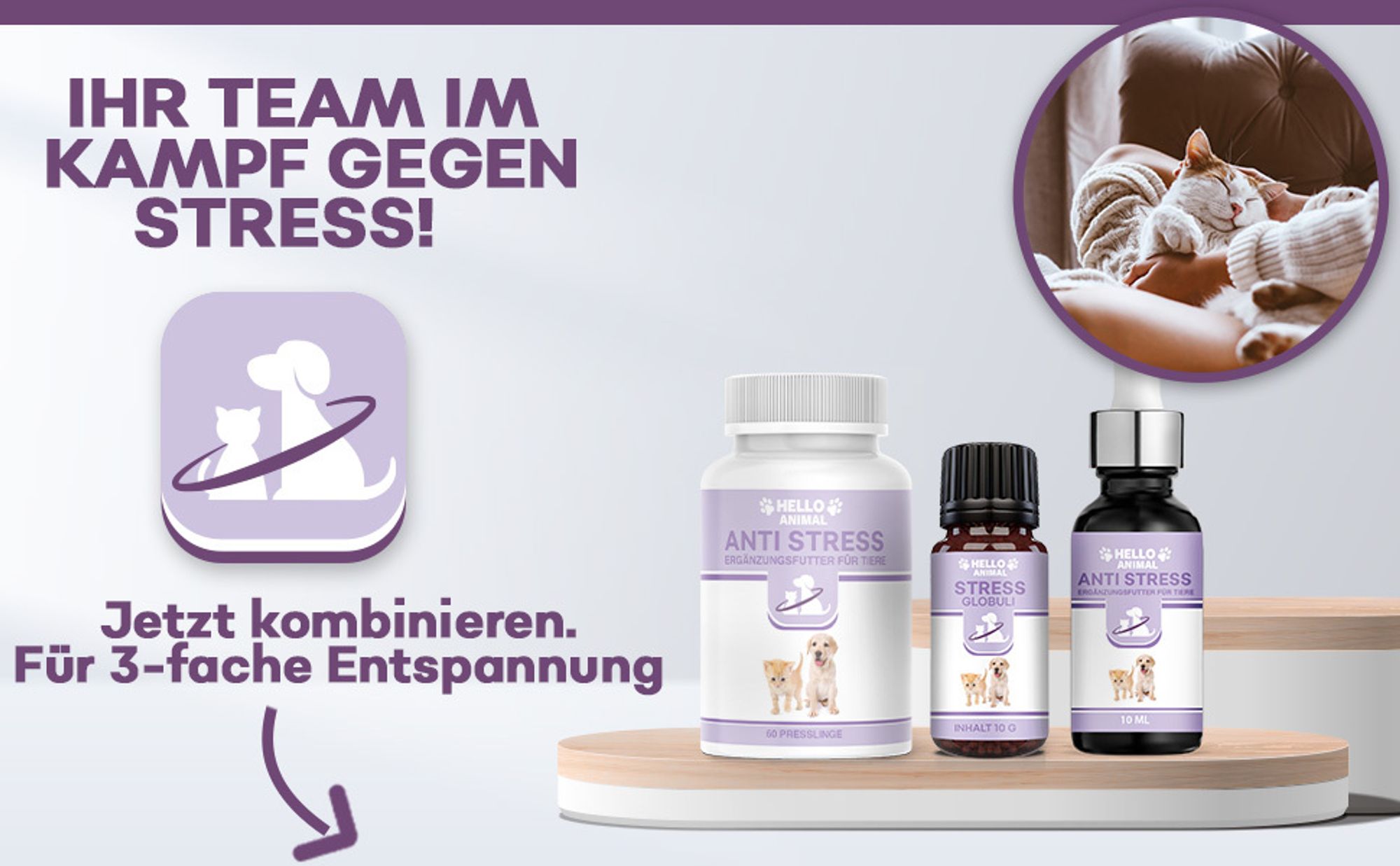 Hello Animal - Anti Stress - für Hunde und Katzen - pflanzliches Hаnföl - gegen Angst und innere Unruhe - Beruhigungsmittel für Hunde - Angststörung