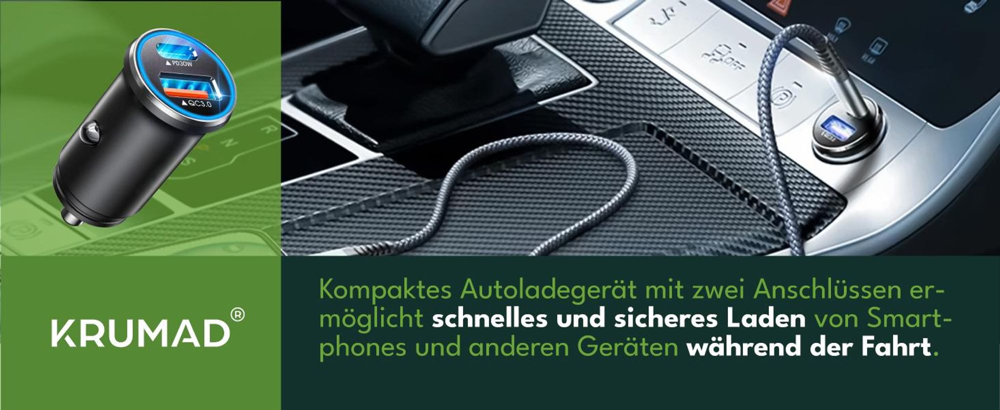 KRUMAD Auto Ladegerät USB-C PD 30W + USB-A QC 3.0, Dual Port Schnellladegerät 52,5W für Smartphone Tablet, 12V Zigarettenanzünder