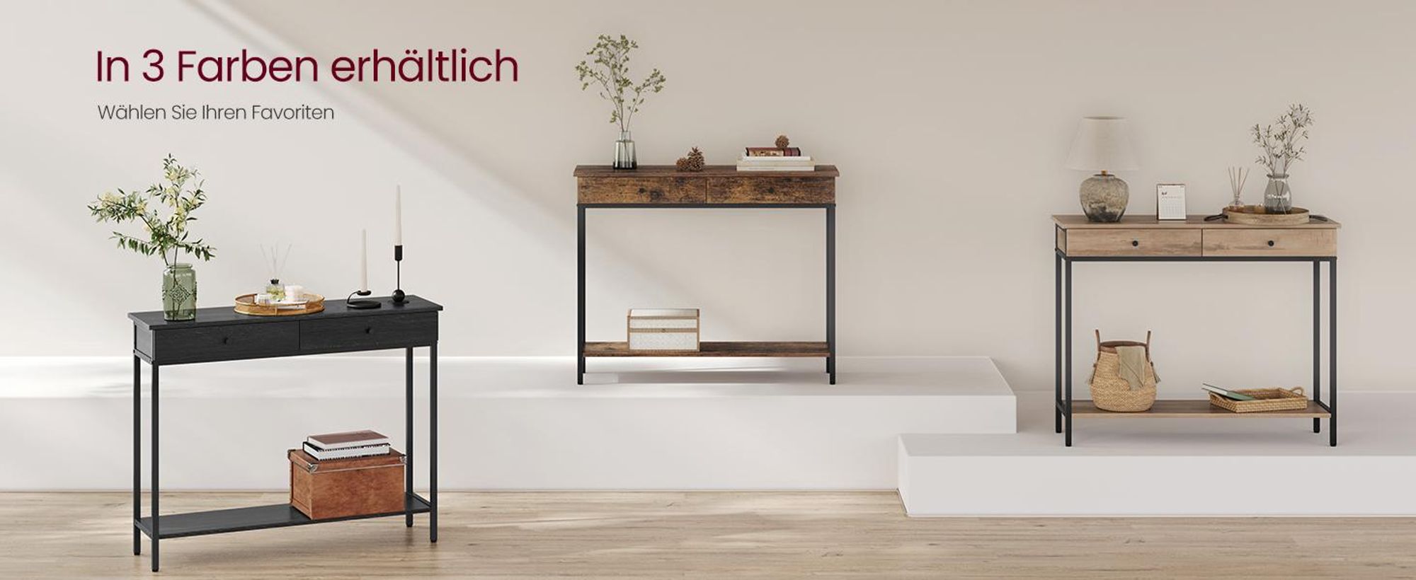 VASAGLE Konsolentisch, Flurtisch, Beistelltisch, Sofatisch mit 2 Schubladen, Stahlgestell, Flur, Wohnzimmer, Industrie-Design