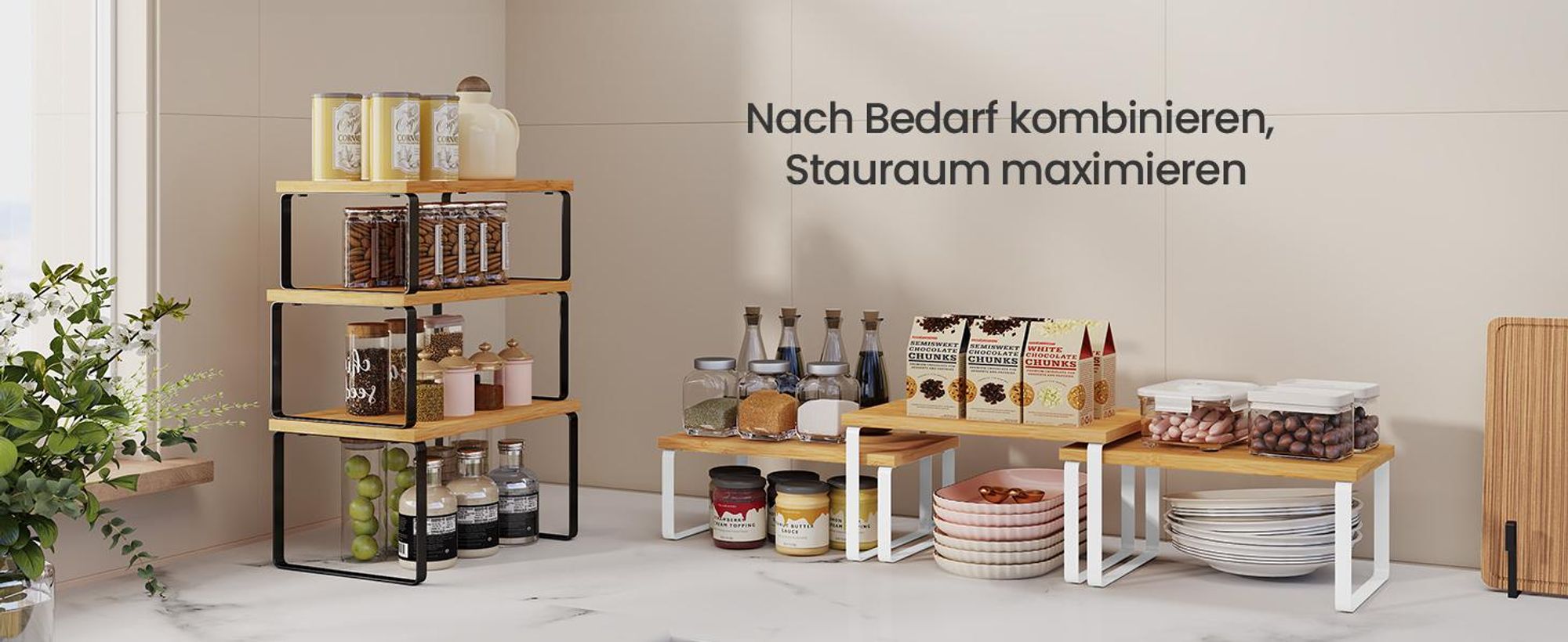 Gewürzregal, 3er Set Küchen-Organizer, Küchenregal, stapelbar, erweiterbar, Metall und Holzwerkstoff