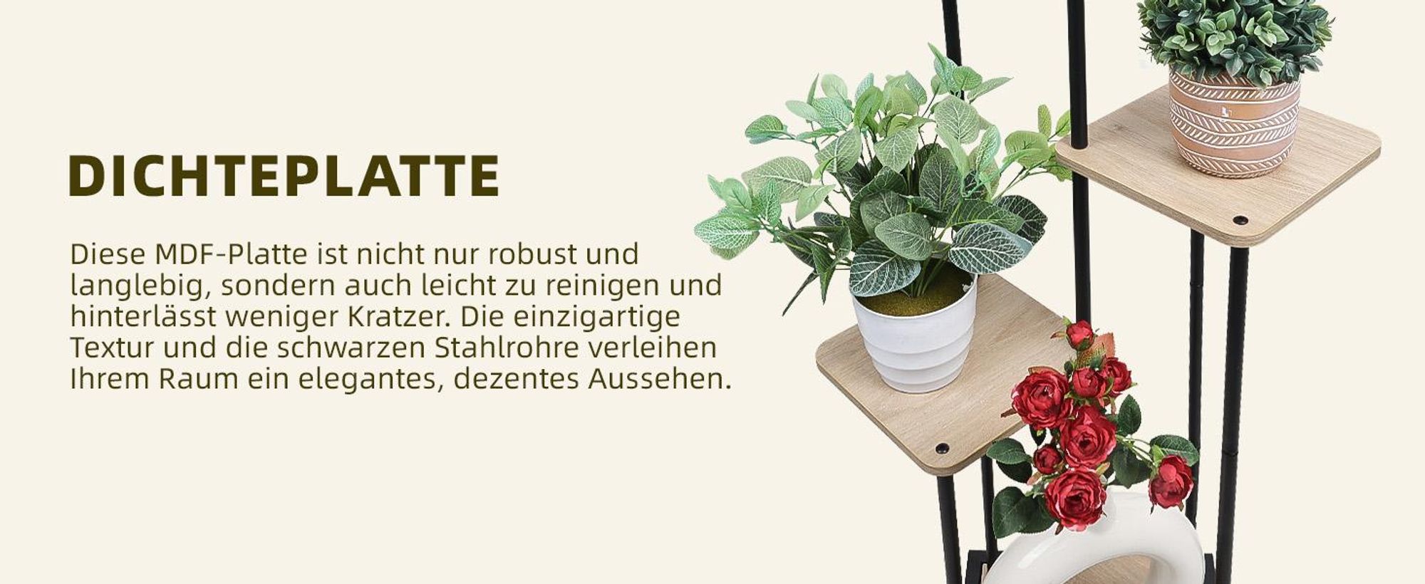 Ribelli Pflanzentreppe 5 Etagen Pflanzenständer, Blumenständer 106cm Höhe Blumenregal aus Holz und Metall, Deko für Balkon Garten Wohnzimmer, Holz