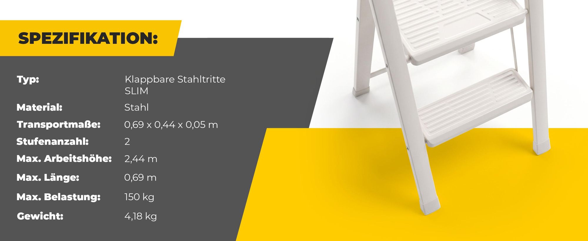 Drabest | Haushaltsleiter - Slim - 2-stufig - Klappbar - Max. Belastung 150 Kg - Cremefarben