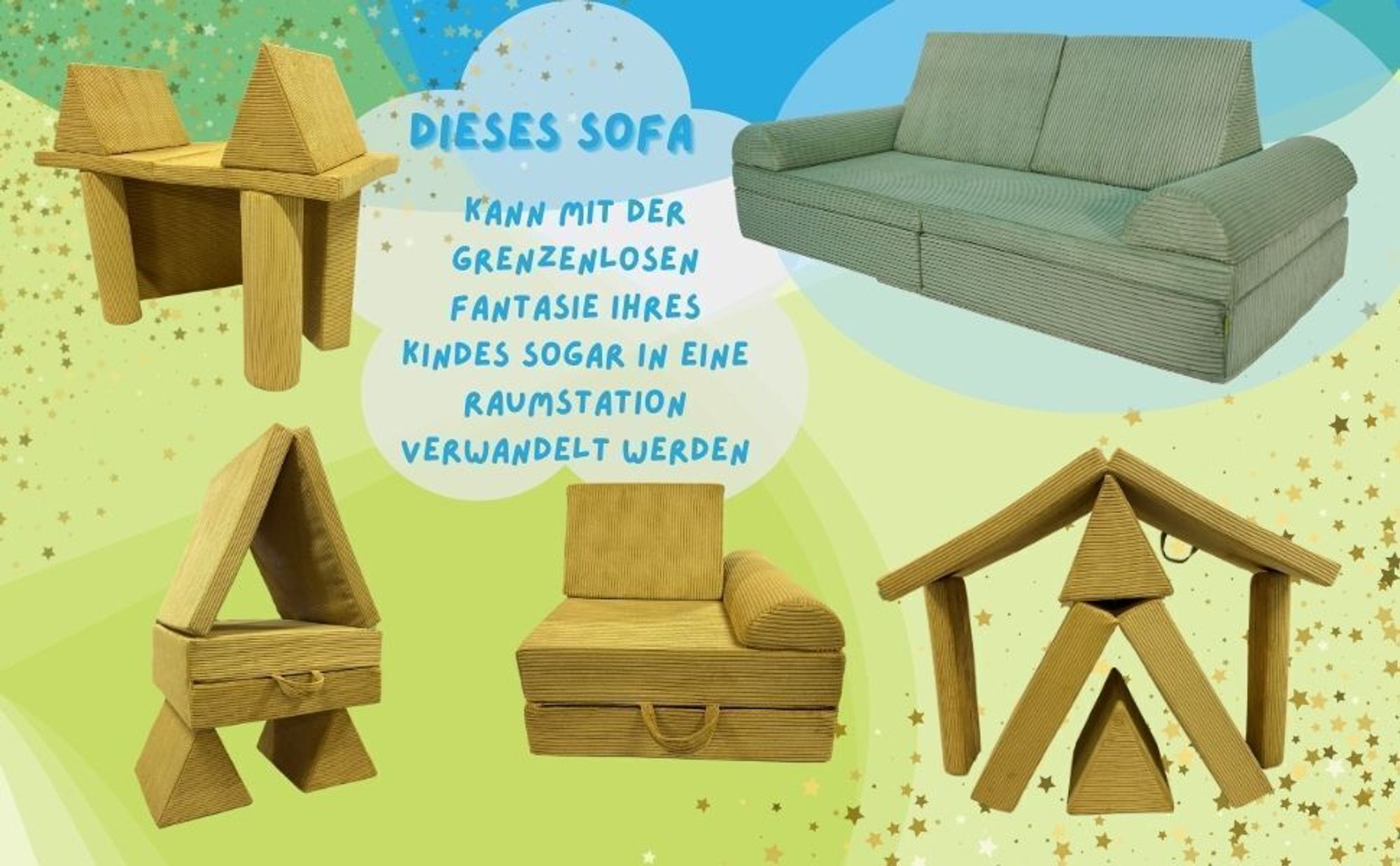 Pillows24 - Kindersofa mit Schlaffunktion | Weiches Spielsofa aus Cordstoff | Kinder Sofa mit abnehmbaren Bezügen für Spielzimmer, Grün