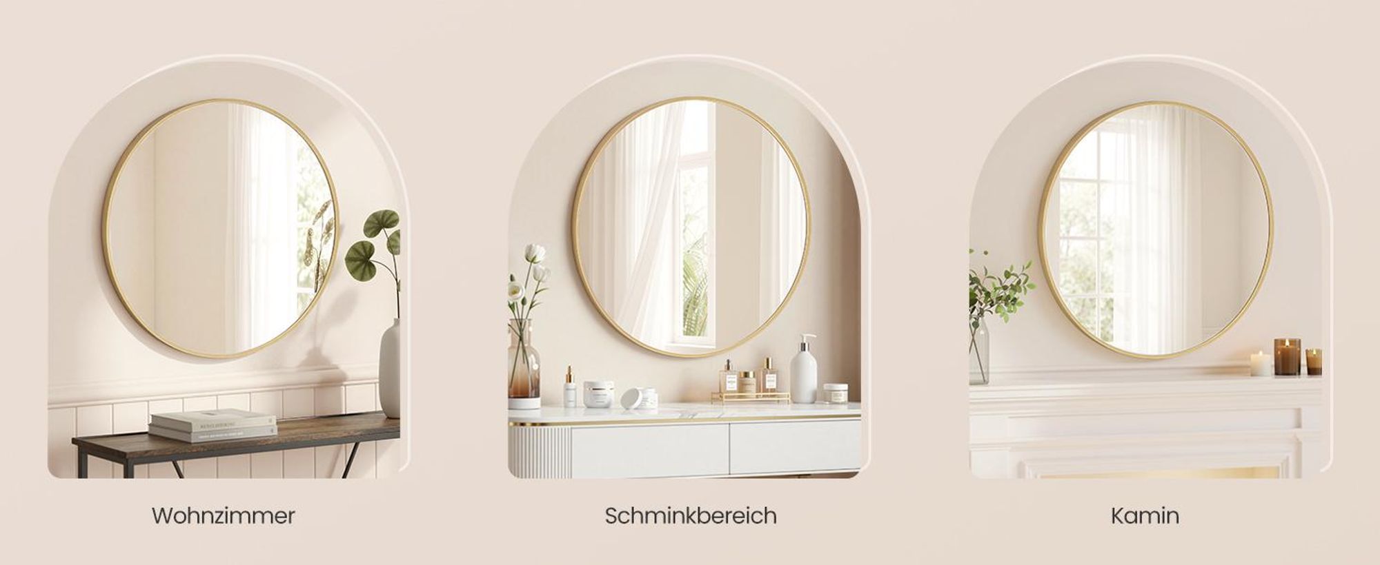 SONGMICS Wandspiegel, Spiegel rund, Metallrahmen, 80 cm d, für Bad, Wohnzimmer, Schlafzimmer, Flur, gold