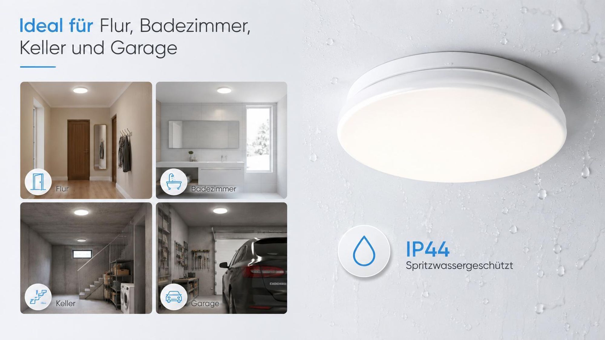 MasterLED LED Deckenleuchte mit Bewegungsmelder 18W 1260lm Neutralweiß IP44 Rund Sensor Badlampe Flurlampe Flach