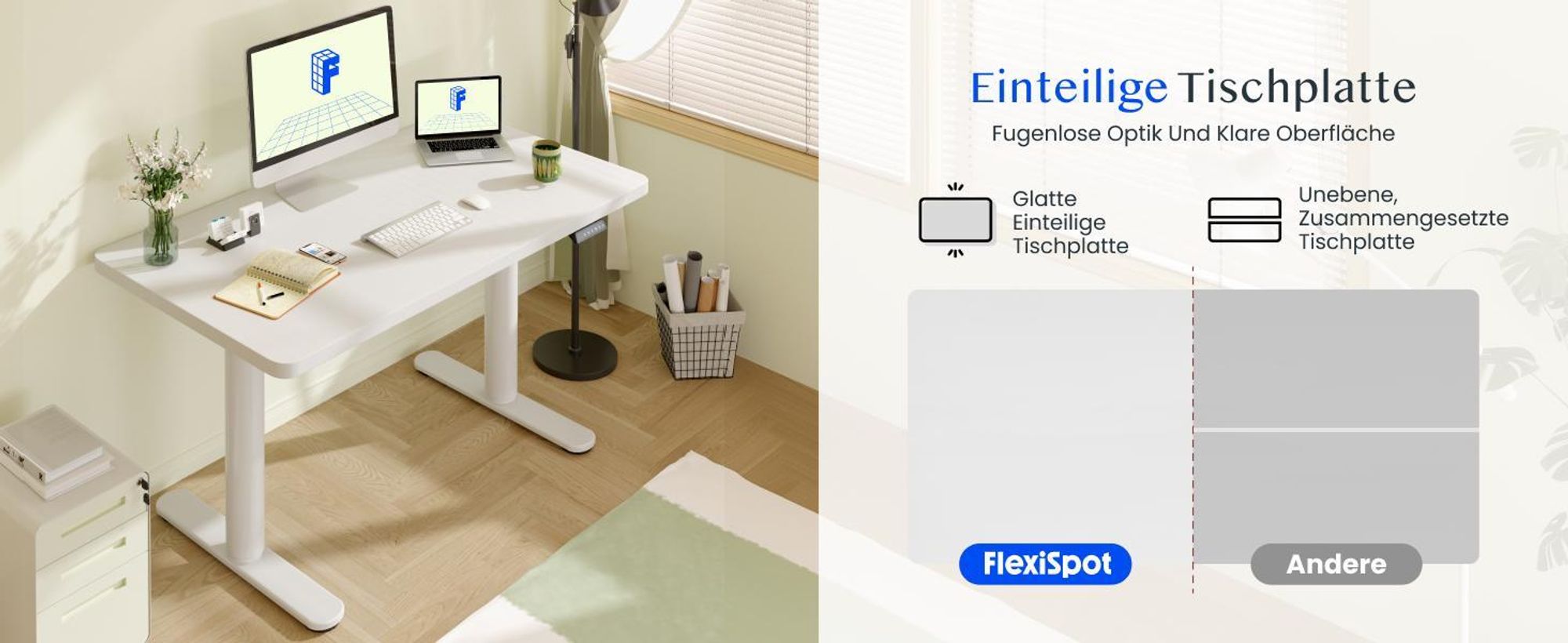FLEXISPOT CylineX Höhenverstellbarer Schreibtisch 160x80cm mit eleganten abgerundeten Tischbeinen, 25mm einteiliger Tischplatte 80 kg Tragkraft Weiß